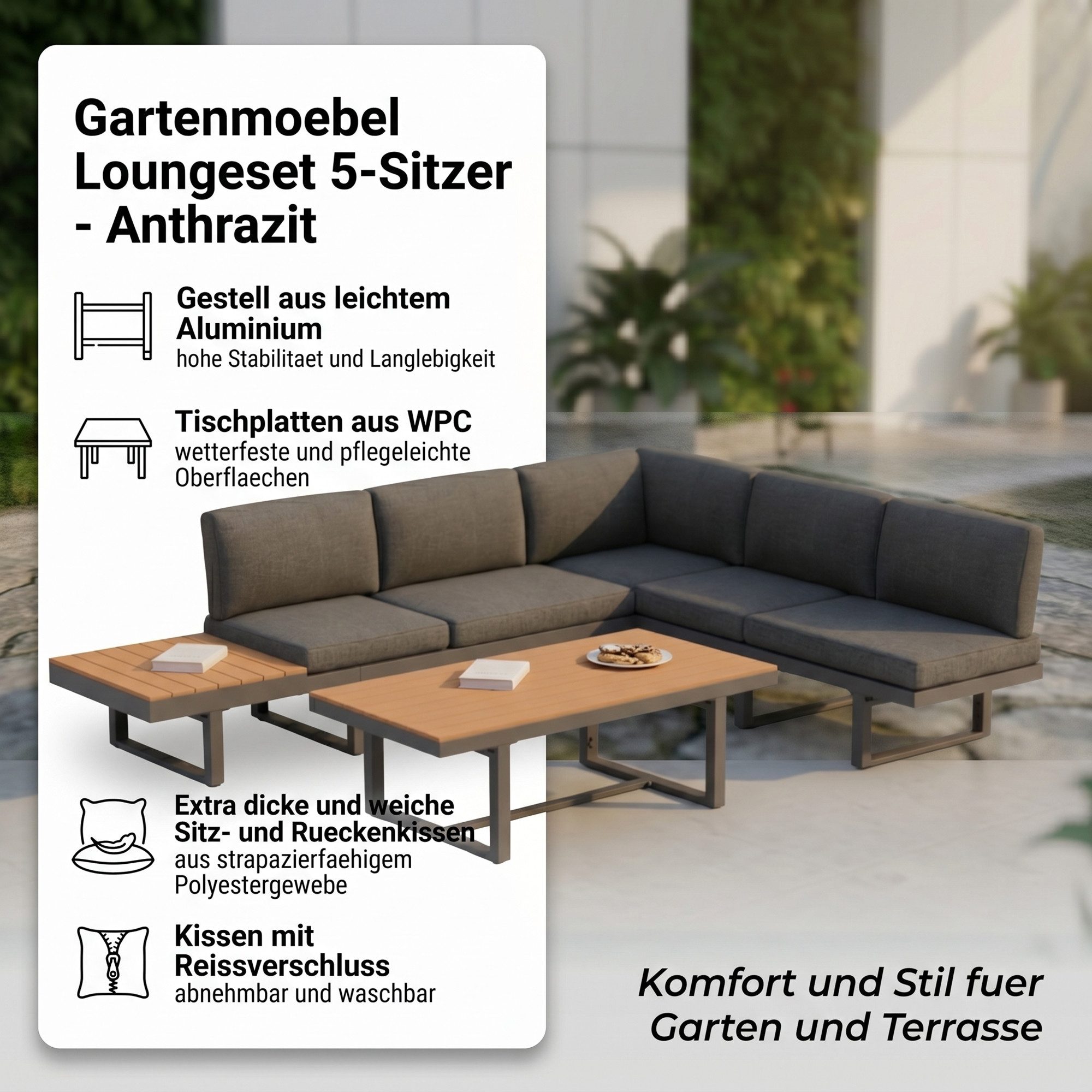 Mucola Gartenlounge-Set Aluminium Sitzgruppe mit Liegefunktion inkl. Kissen & Beistelltisch, (Lounge-Se, 2-tlg., Ecksofa mit integrierter Liegefunktion, Beistelltisch inkl. Kissen), Liegefunktion, Aluminiumgestell, Waschbare Kissenbezüg, Beistelltisch