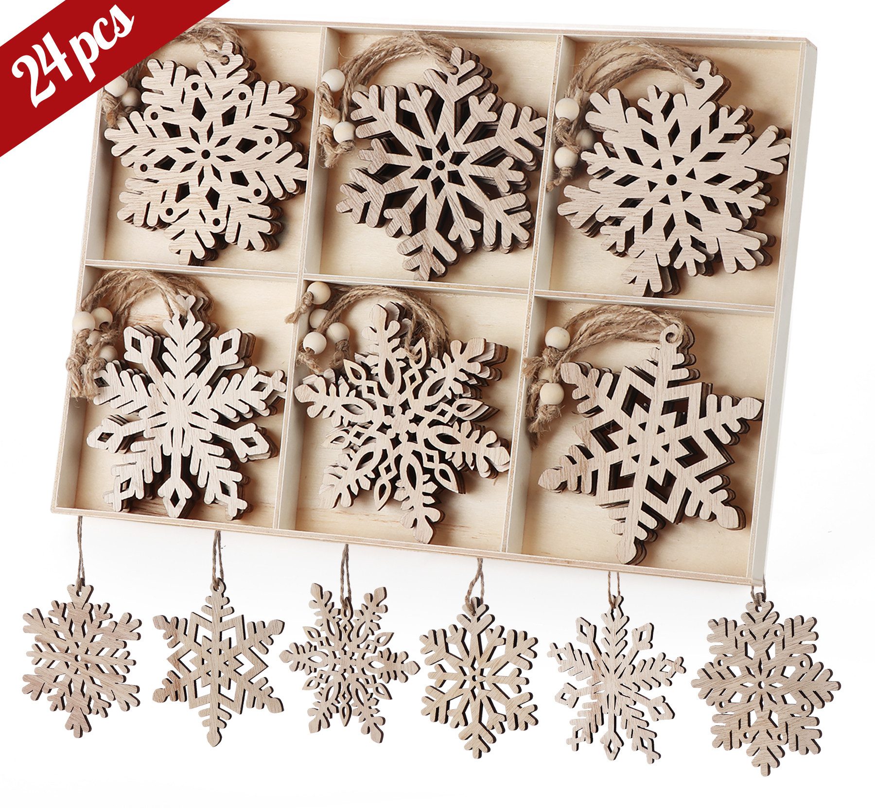 Christbaumschmuck 24/30 Stück, Holz Schneeflocken Anhänger, mit Bindfaden