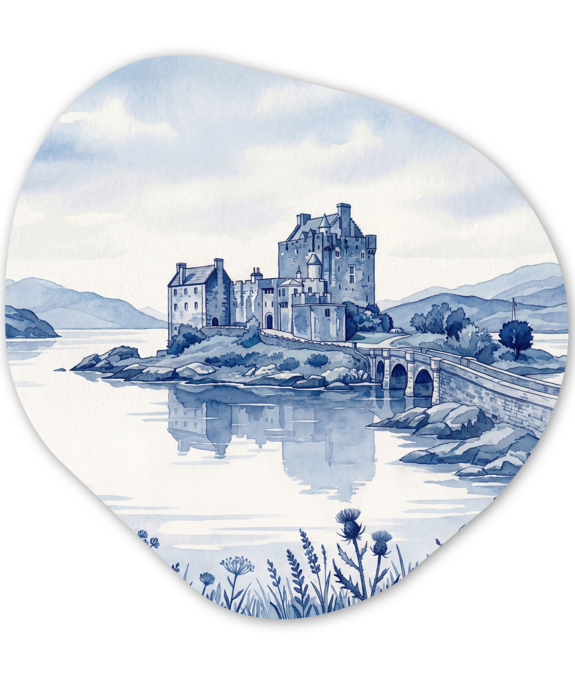 MuchoWow Gemälde Schottisch - Schloss - Blau - Aquarell, Fotodruck (1 St), Wandbild Abstrakt, Wohnzimmer Schlafzimmer Wanddekoration, 40x40 cm