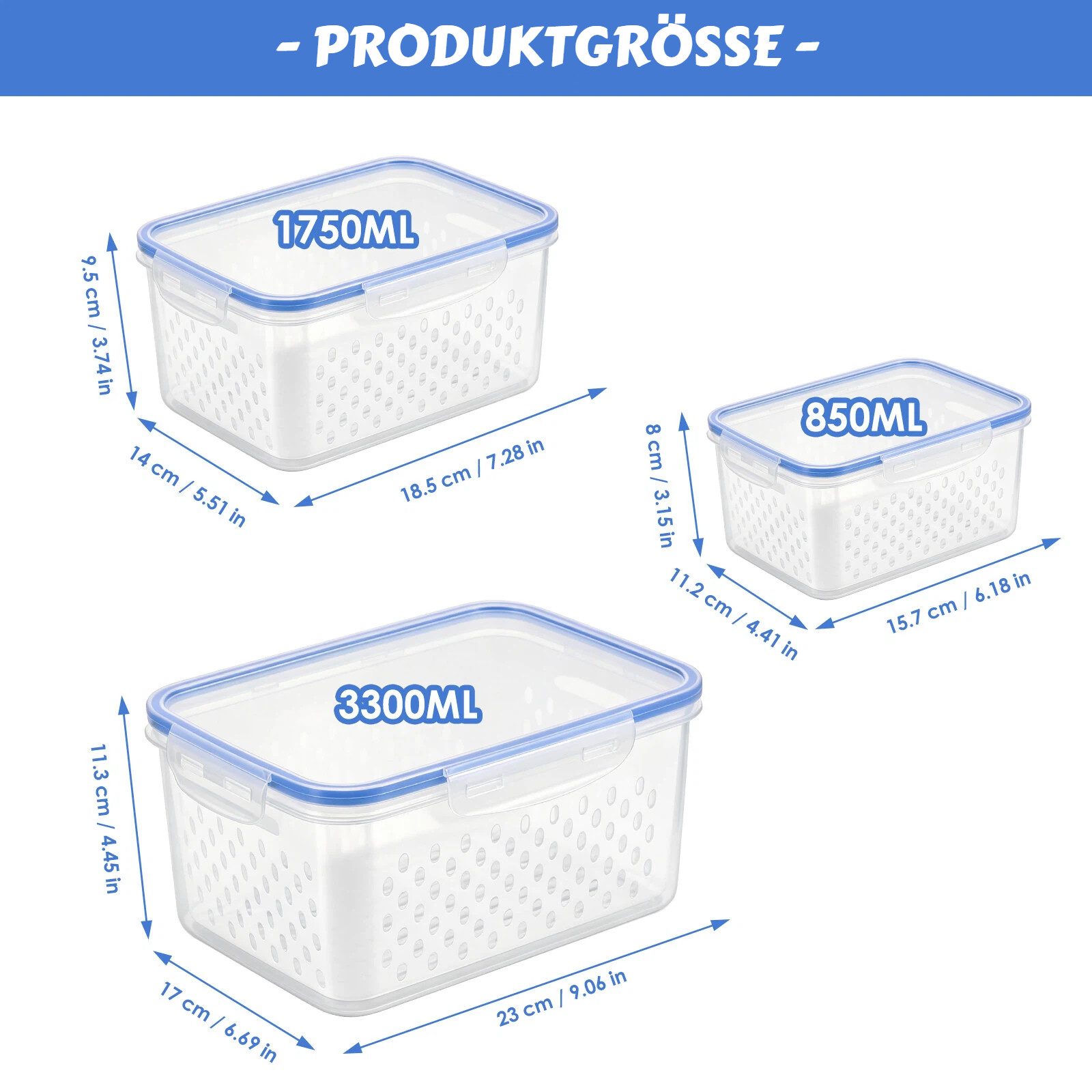 BlingBin Frischhaltedose 6 Stück Obst Aufbewahrung Kühlschrank, Abtropfen Beeren-Behälter, PP-Kunststoff, (6er Set, 6-tlg., Material: PP-Kunststoff, 0,85L+1,75L – Bild 2 von 5