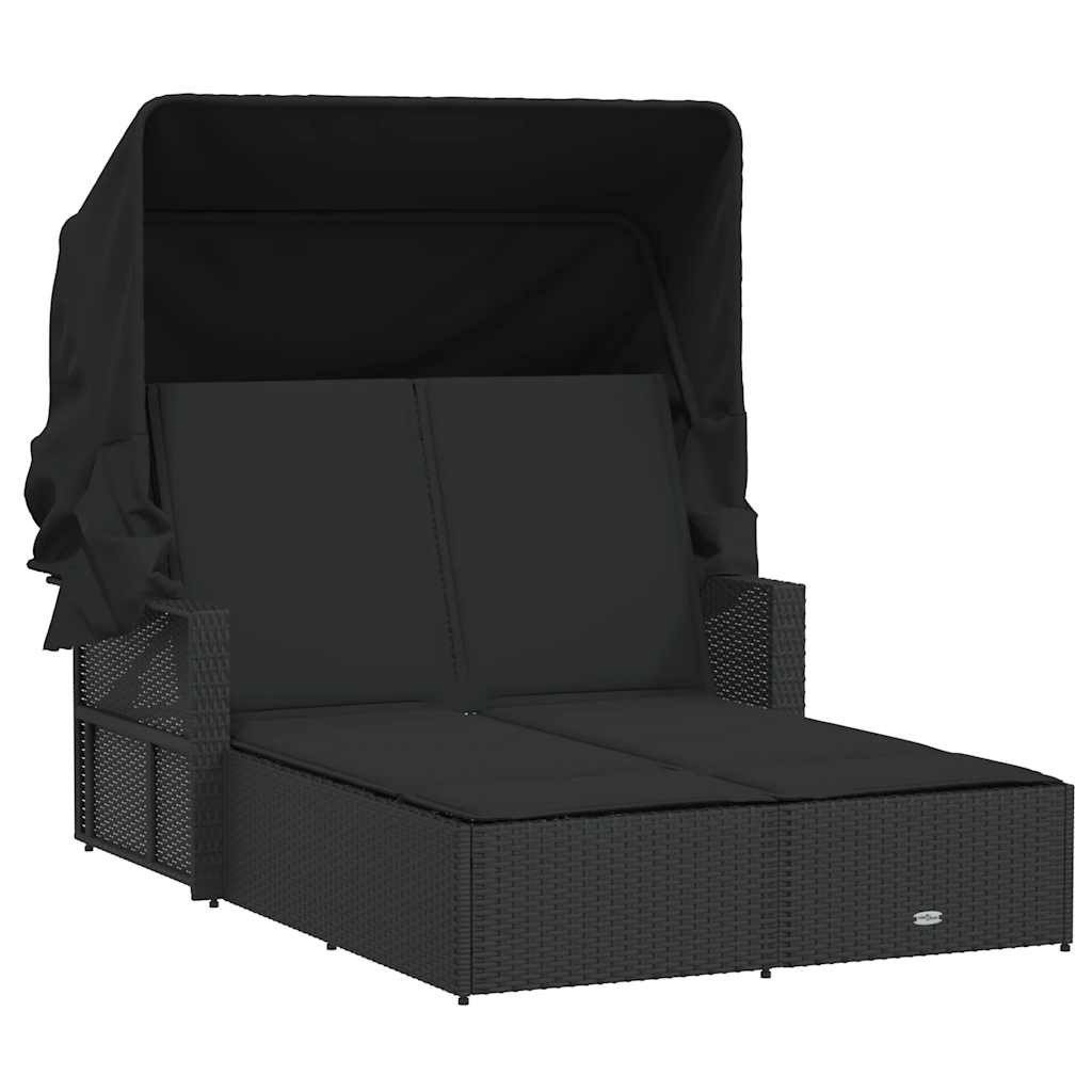 vidaXL Gartenliege Doppel-Sonnenliege mit Dach und Auflagen Schwarz Poly Rattan, 1 St.