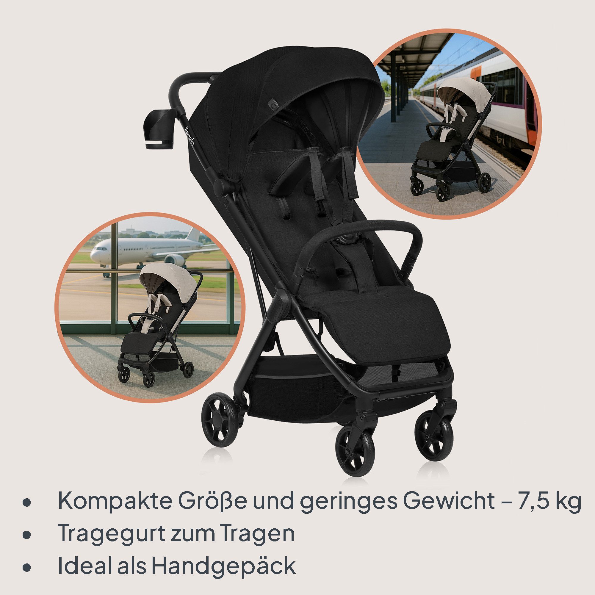 lionelo Kinder-Buggy JULIE AIR, (Set mit Becherhalter und Tragegurt für den Transport auf der Schulter), Auto-folding/Ultraleicht/UPF50+/Liegeposition/360°Rader