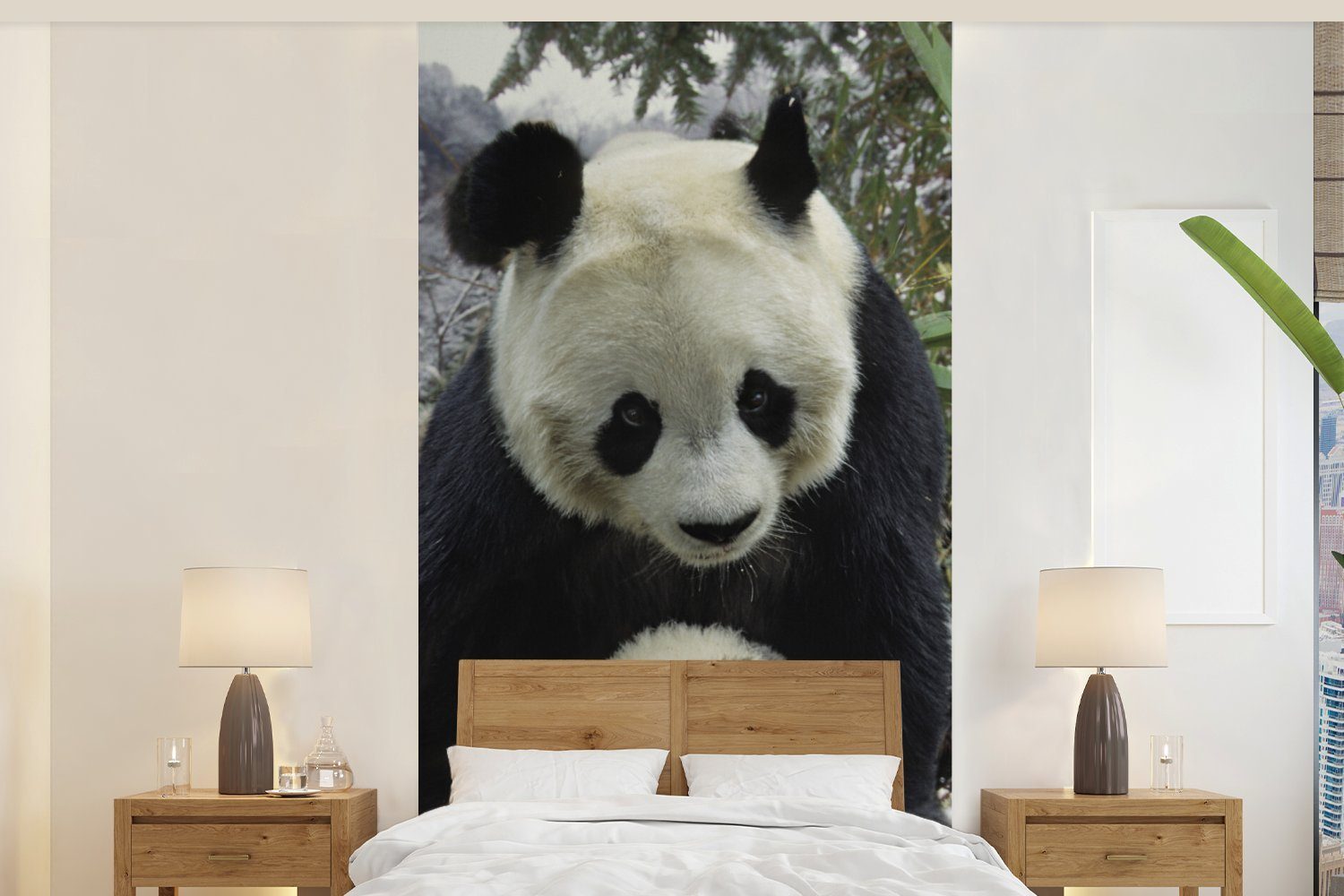 MuchoWow Fototapete Panda - Jungtier - Schnee, Matt, bedruckt, (2 St), Vliestapete für Wohnzimmer Schlafzimmer Küche, Fototapete