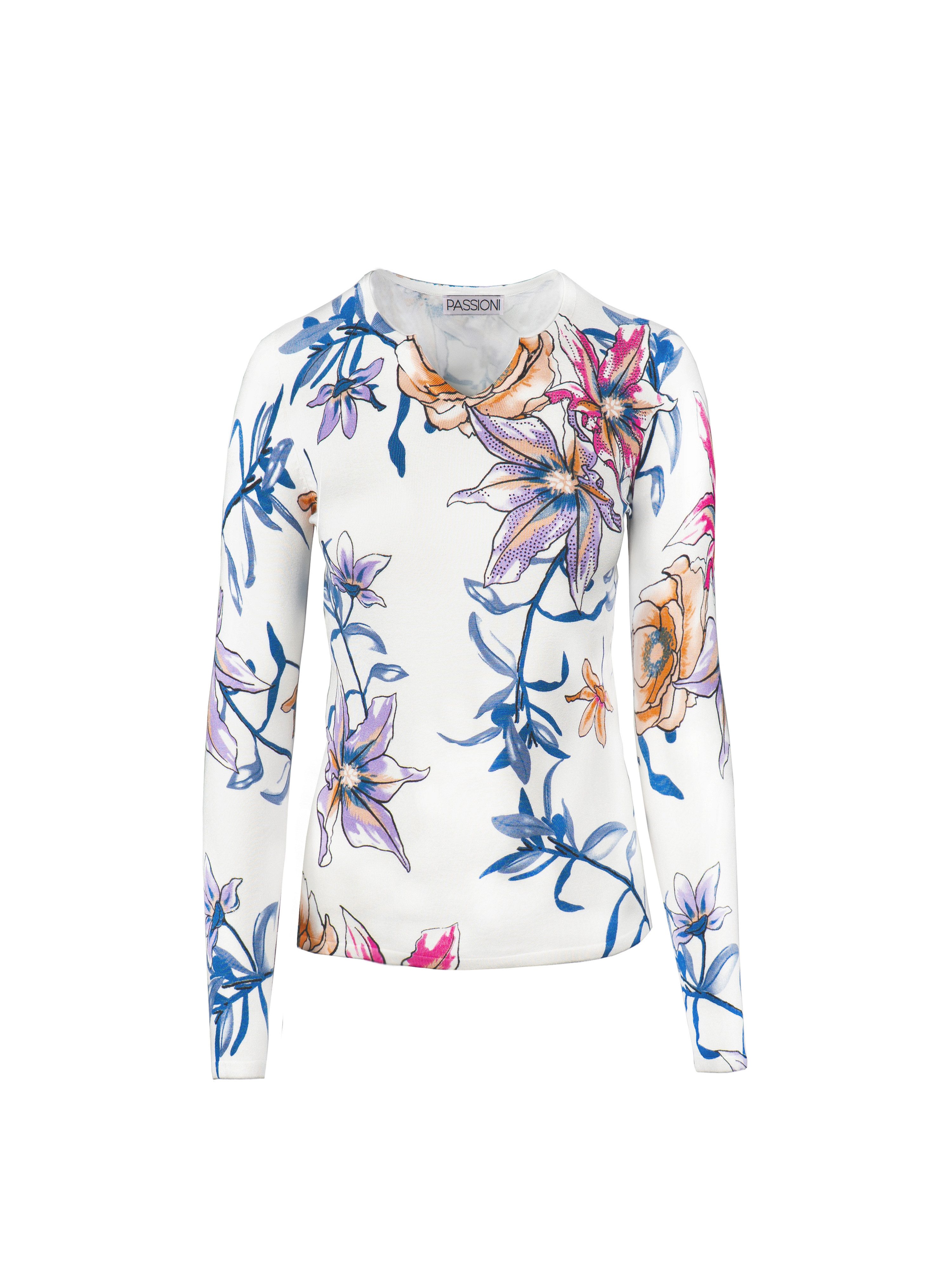 Passioni Strickpullover in weiß mit blauen Lillien und Glitzersteinen günstig online kaufen