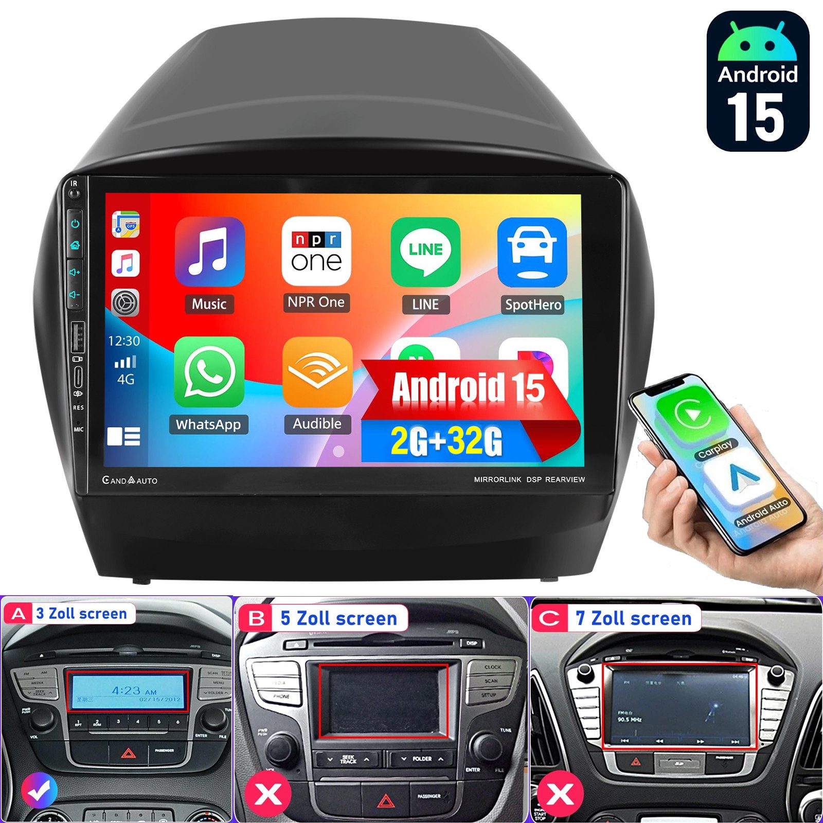 ESSGOO DAB+ Für Hyundai Tucson Ix35 10-15 Android15 CarPlay Autoradio mit GPS Autoradio (RDS, 4+64GB(optional), Digitalradio (DAB), FM, DAB+ (optional), Carplay Android Auto Bluetooth EQ USB GPS Navi WIFI Touchscreen)