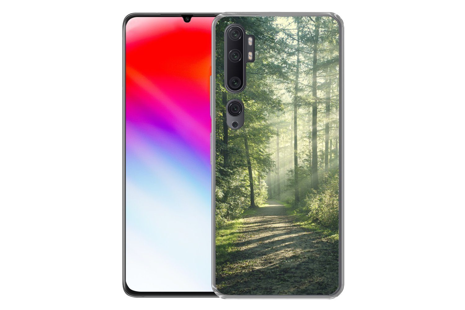 MuchoWow Handyhülle für Xiaomi Mi Note 10 Pro Wald - Weg - Sonne - Bäume - Grün - Natur