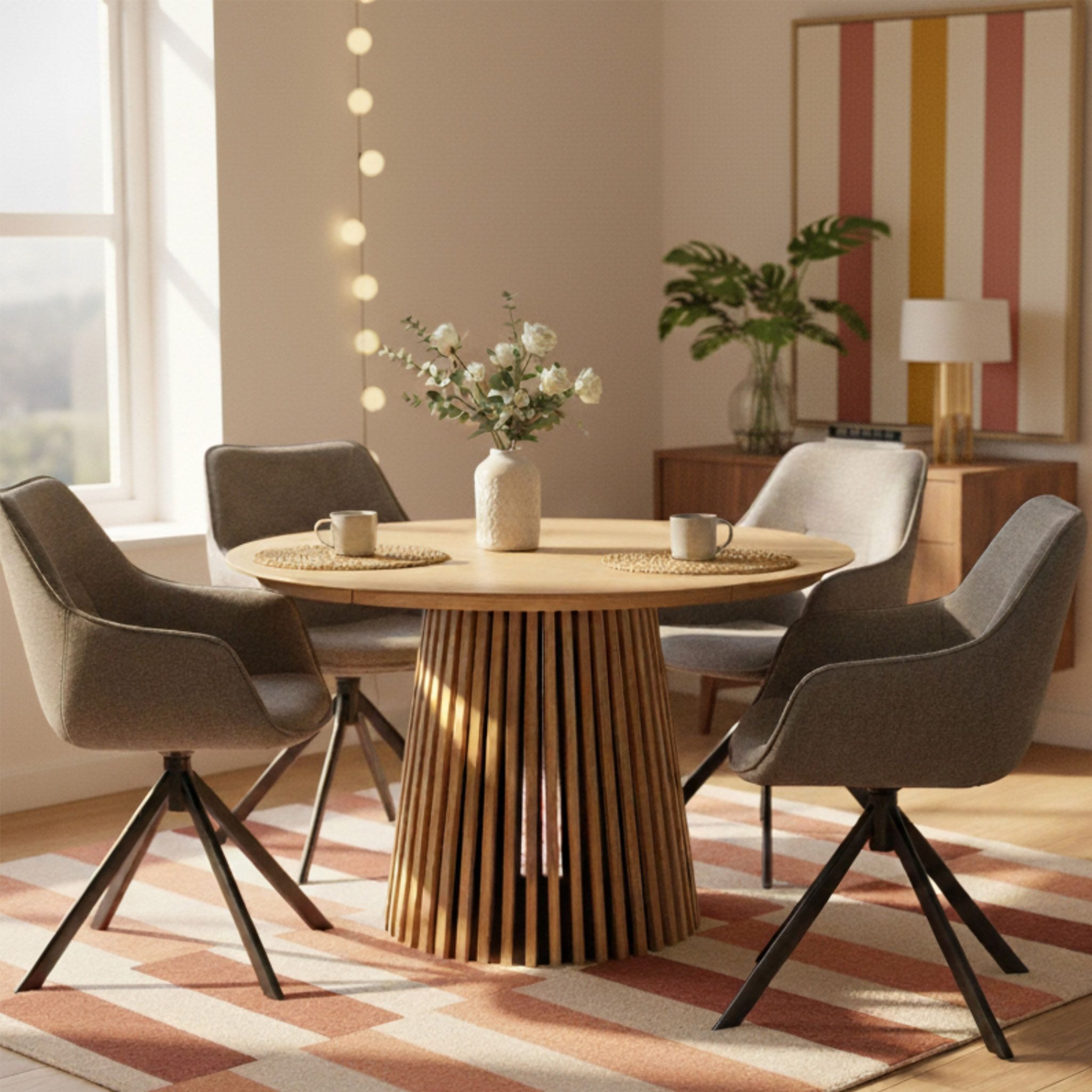 bene living Esszimmer-Set Diningtisch Oria und 4er Set Diningsessel San Carlo hellgrau, (Indoor-Möbelset, 5-St), Eichenholz-Tischplatte - drehbare Diningsessel