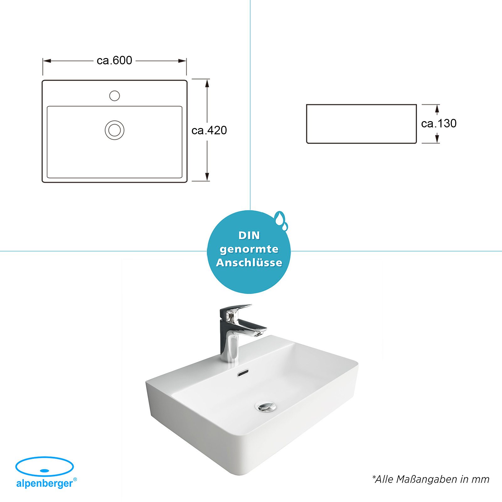 Alpenberger Waschbecken 60 cm Breit - Aufsatzwaschbecken Eckig mit Nano - Weiß (Hängewaschbecken, Handwaschbecken), pflegeleicht durch Lotus Effekt, mit Überlauf und Hahnloch