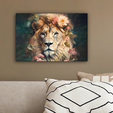 OneMillionCanvasses® Leinwandbild Löwe - Löwenkopf - Wilde Tiere - Blumen, (1 St), Wandbild Leinwandbilder, Aufhängefertig, Wanddeko, 30x20 cm