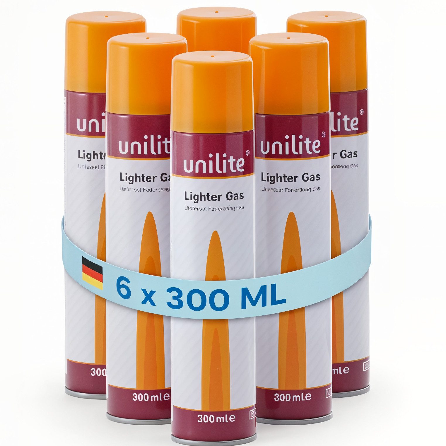 Unilite Gaskartusche Feuerzeuggas mit 6 Adaptern, Nachfüllgas für Feuerzeuge, 6 St., 6 x 300ml Set, Küchenbrenner, Flammbierer, Stabfeuerzeuge