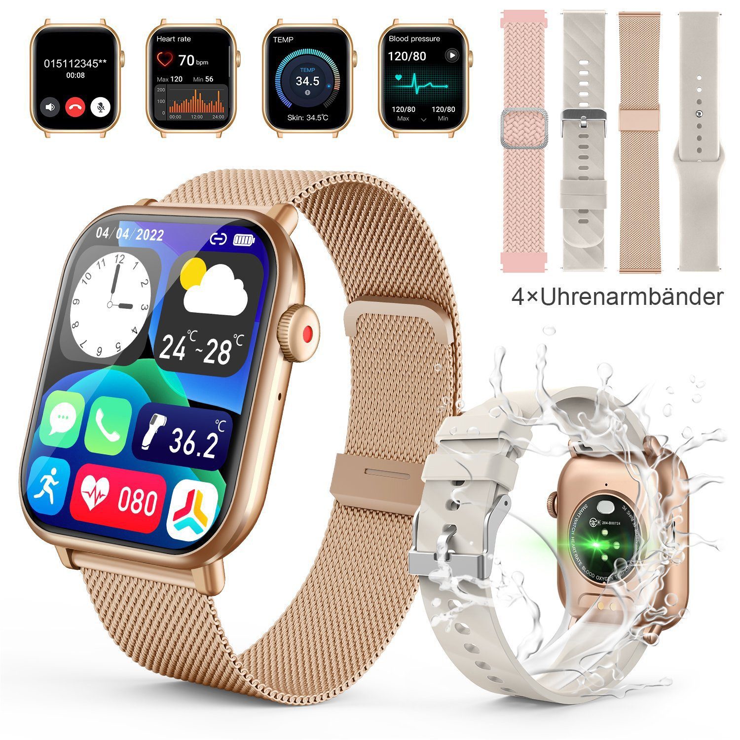 walkbee Smartwatch,Fitness Tracker Uhr für Damen Herren mit Telefonfunktion Smartwatch (5 cm/1,96" HD Voll Touchscreen Zoll) 4 Austauschbare Armbänder, IP67 Wasserdicht Fitness Uhr, Fitness Tracker mit Schrittzähler, Frauengesundheit,Schlaftracking, Kalorienverbrauch