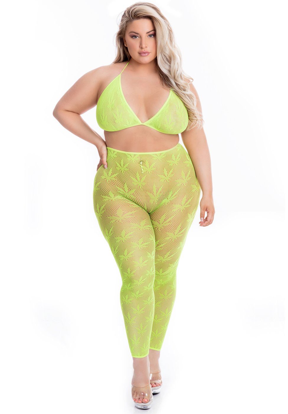 Pink Lipstick Lingerie Top & Leggings Plus Size Set: BH und Leggings mit Hanfblatt-Muster - grün