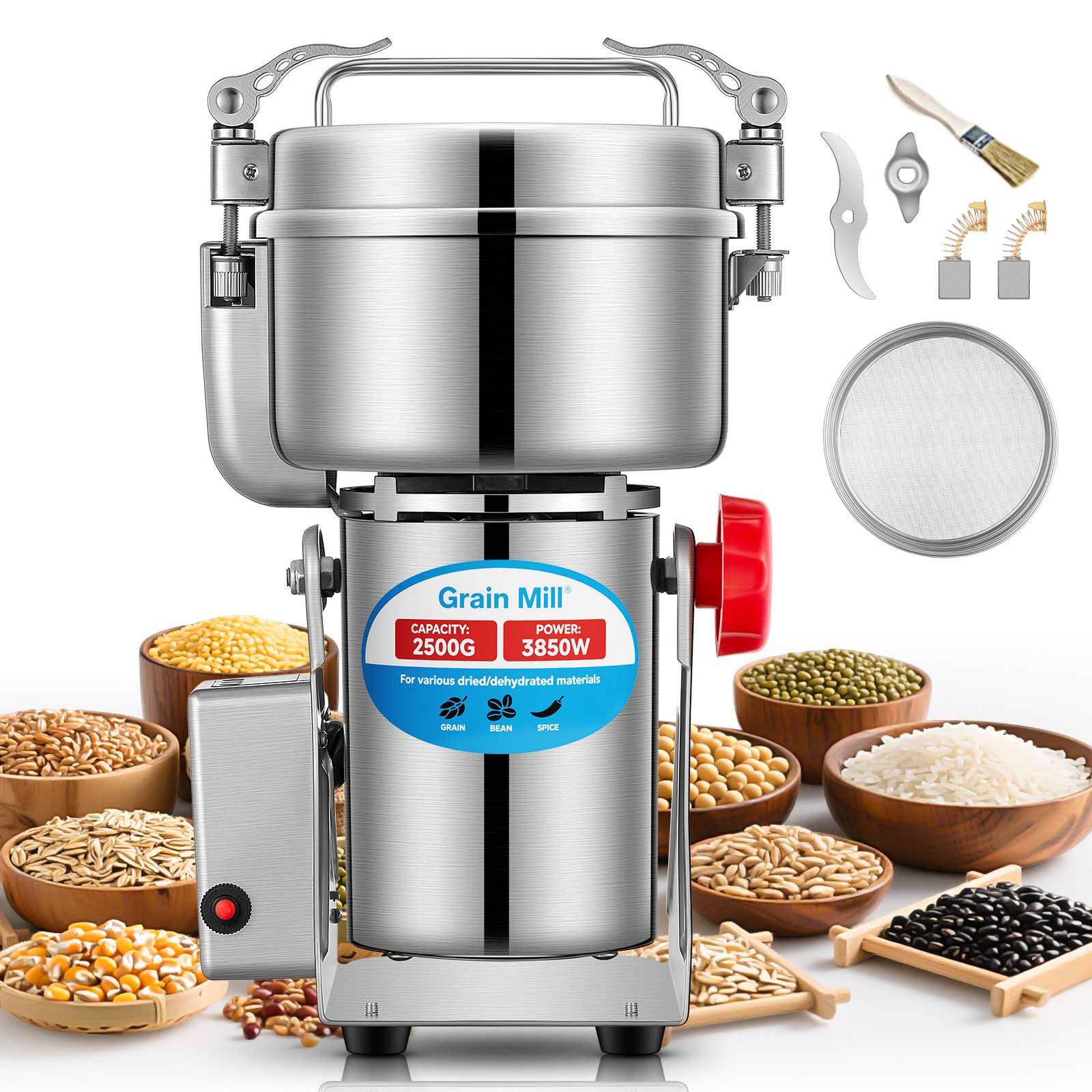 FOHERE Getreidemühle Elektrische Getreidemühle für kommerzielle und private Nutzung elektrisch, (1 Stück), 270°-Schwingung, Gleichmäßiger, für Alle Gewürze Geeignet