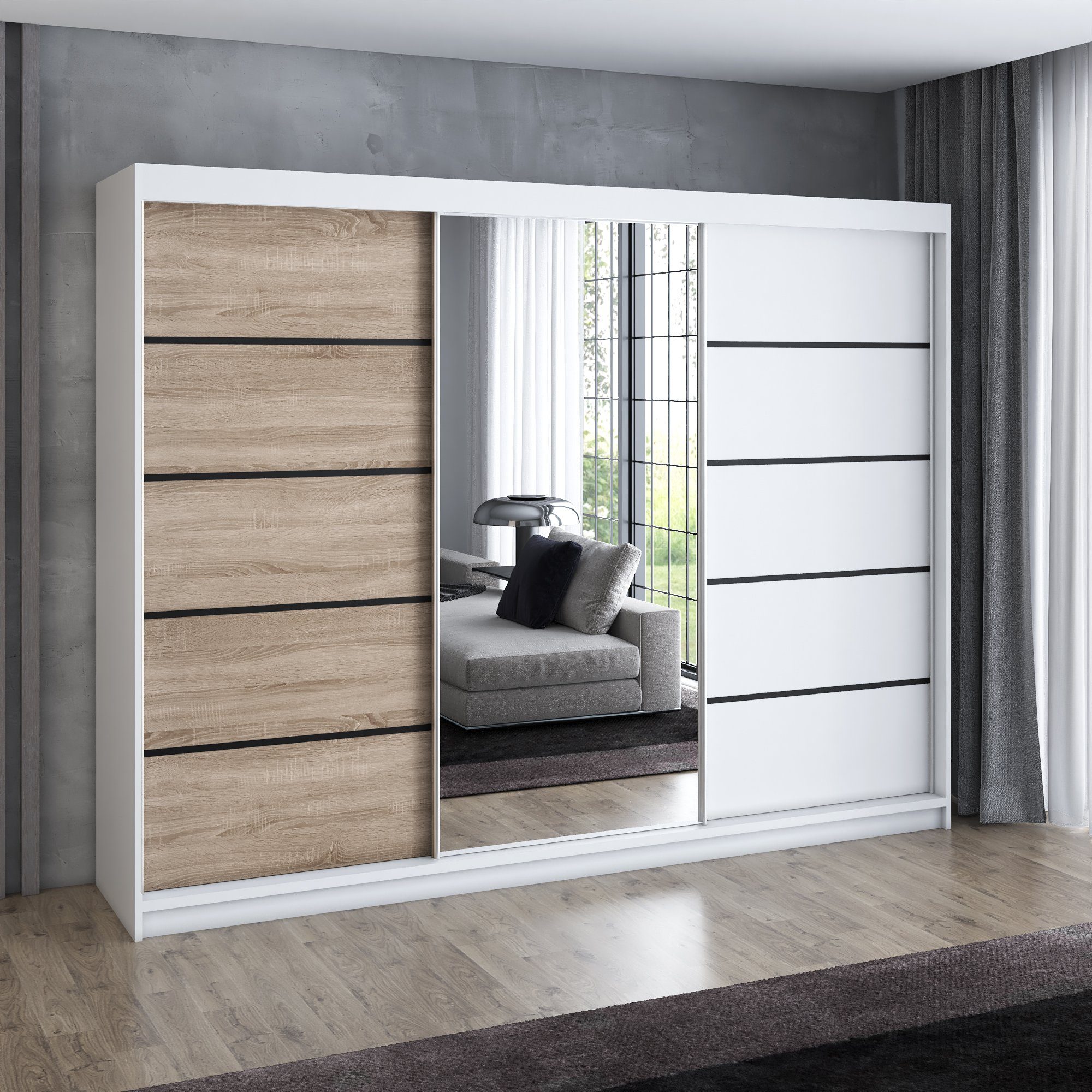 A&J MöbelLand GmbH Schiebetürenschrank VILUNO mit 4 Schubladen und Spiegel (nur für kurze Zeit! TOP ANGEBOT! Geräumiger Schrank mit einer Breite von 200 cm und  – Bild 2 von 5