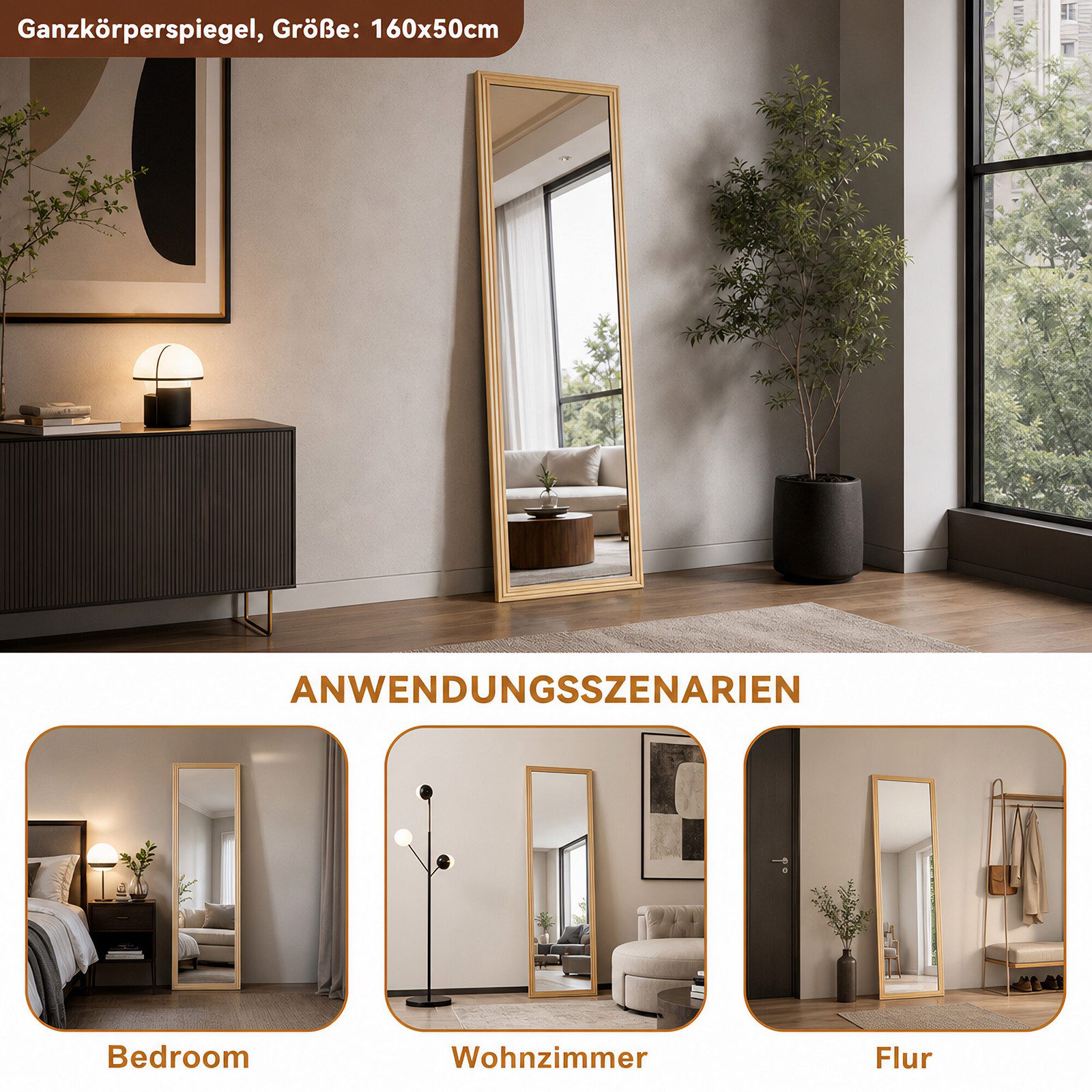 BBWL Ganzkörperspiegel Quadratischer Holzrahmen Ganzkörperspiegel 160x50 cm, Hochwertiges Spiegelglas HD Reflektion Stabile Verpackung Vielseitig – Bild 5 von 5