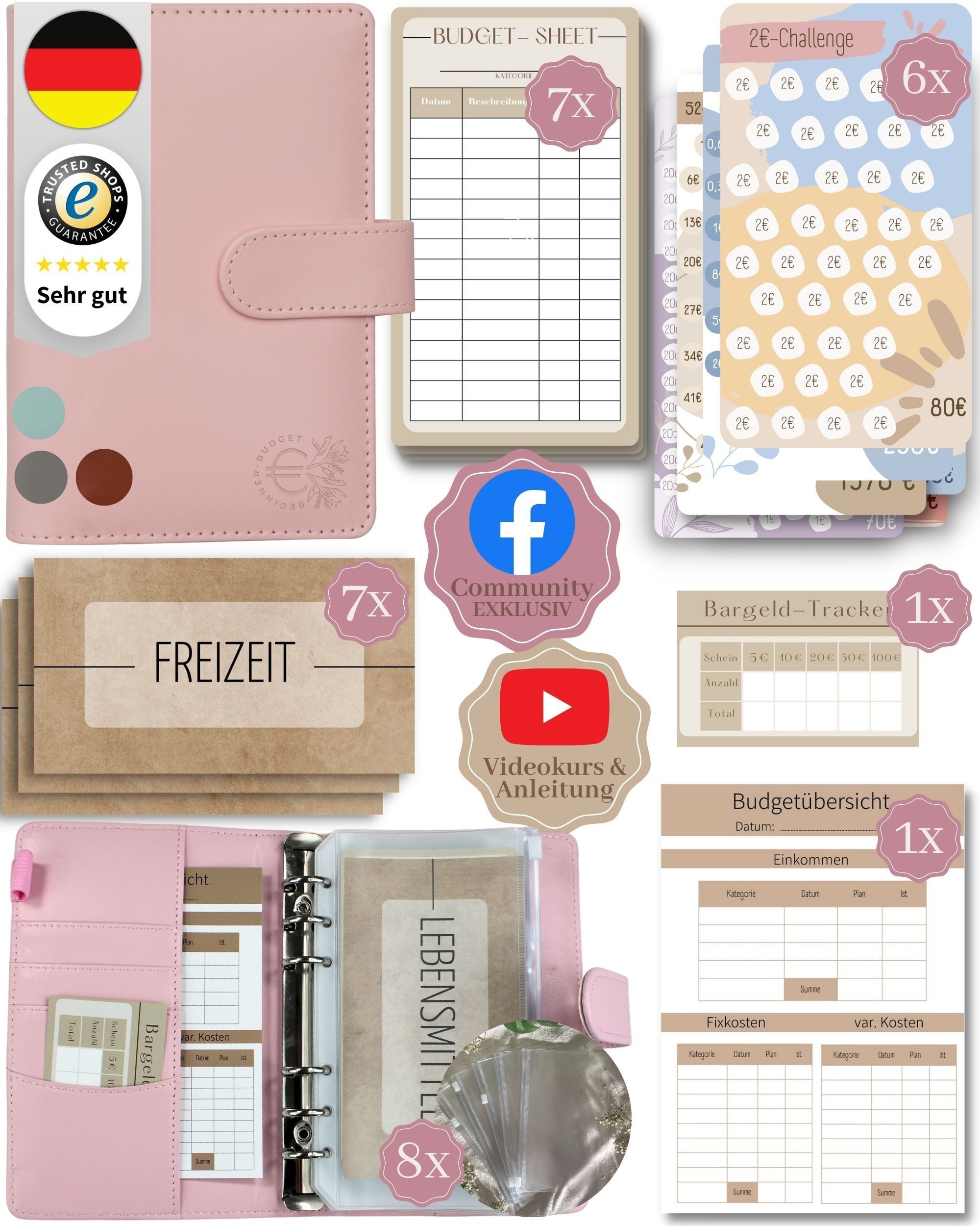BeginnerBudget Ringbuchmappe Budgetplaner Starter-Set Sparbuch zum Geld Sparen + Spar-Challenges, Sparen mit Umschlagmethode + Anleitung - Ringbuch - Binder A6