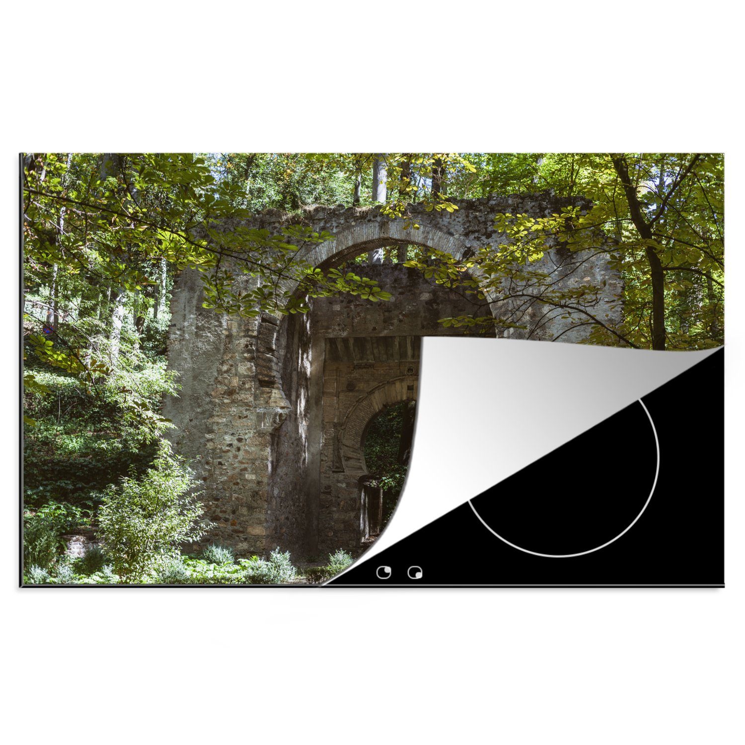 MuchoWow Herdblende-/Abdeckplatte Wald - Tor - Steine, Vinyl, (1 tlg), 81x52 cm, Induktionskochfeld Schutz für die küche, Ceranfeldabdeckung