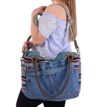 Sunsa Handtasche Schultertasche aus recycelter Jeans Shopper Umhängetasche, echt Leder, Upcycling Jeans, abnehmbare Henkel