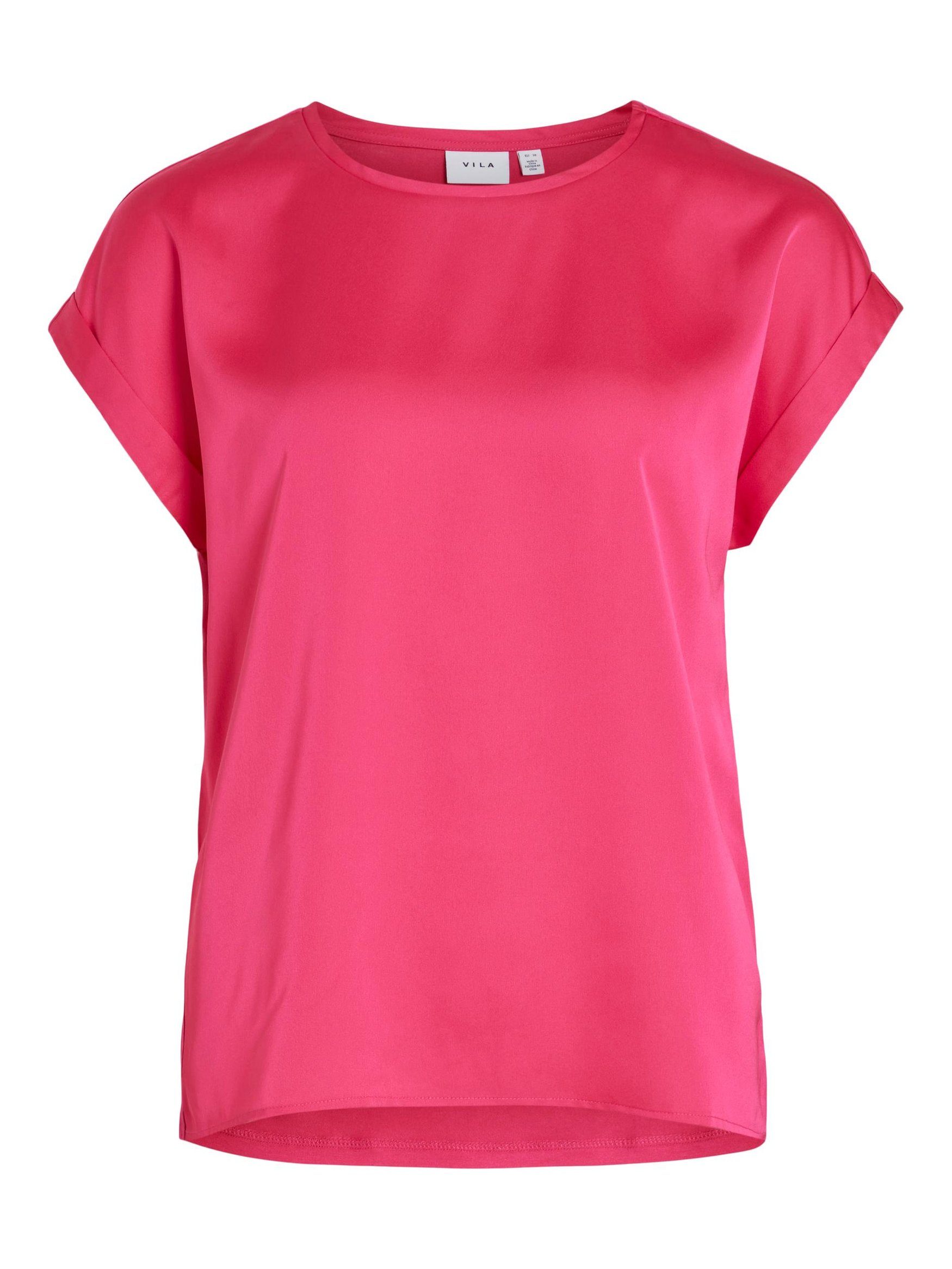 Vila T-Shirt Satain Blusen T-Shirt Kurzarm Basic Top Glänzend VIELLETTE 4599 in Pink-2 | 