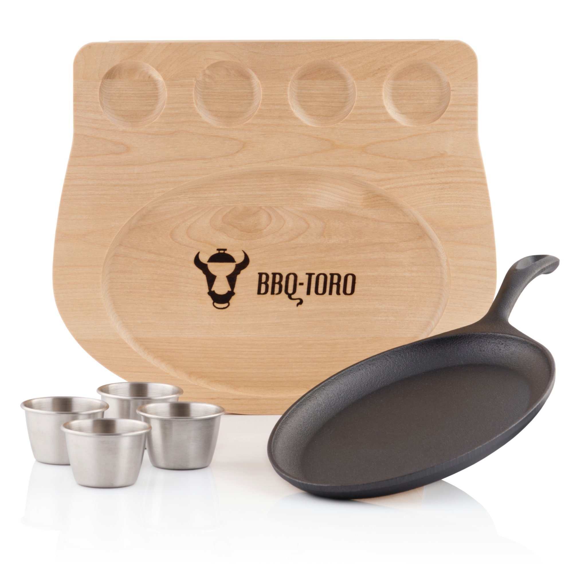 BBQ-Toro Servierpfanne Servierpfännchen mit Gusseisen Gusseisen Holzunterlage, und Edelstahl (Servierpfännchen-Set) Dippschalen