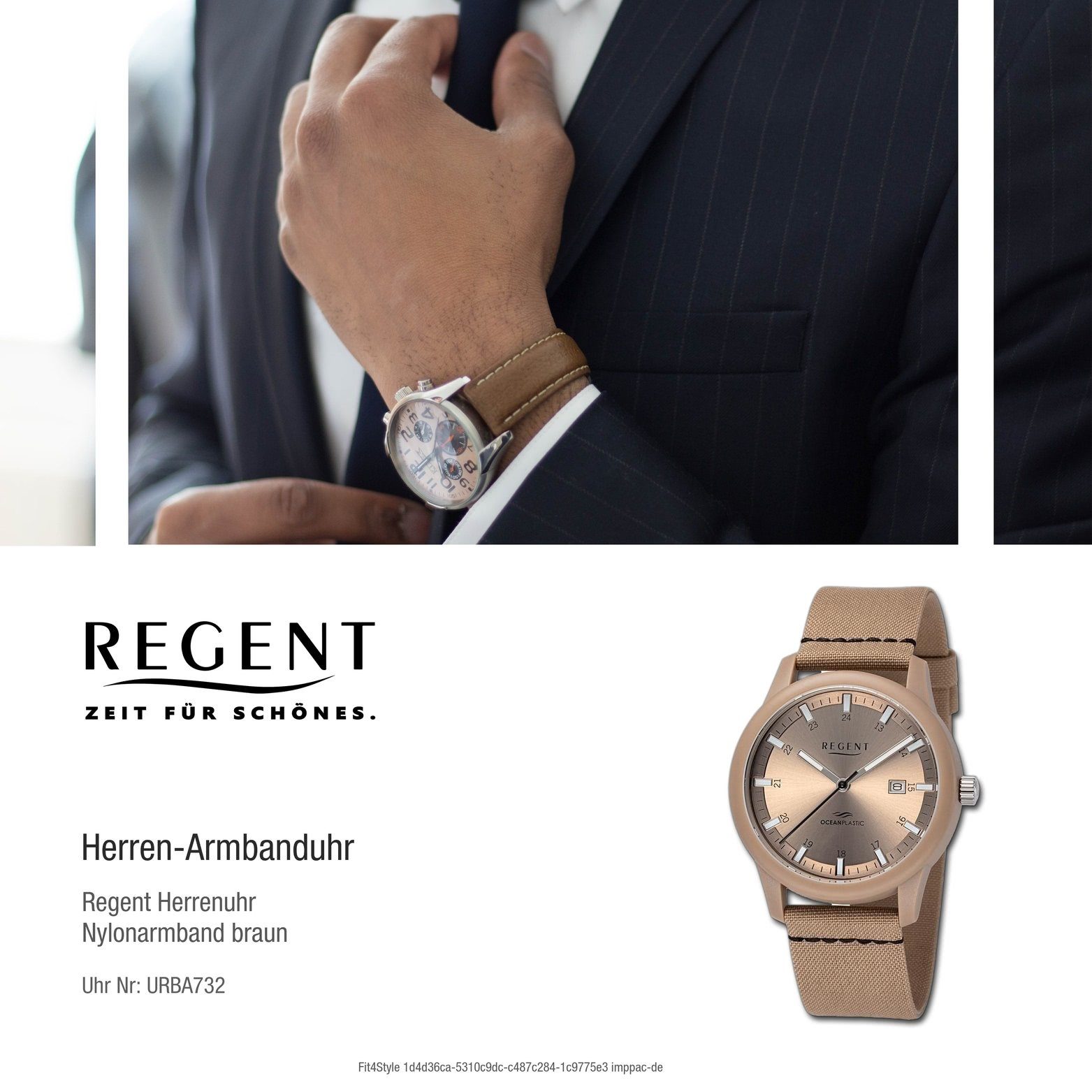 Quarzuhr Regent Herren Gehäuse, 40mm) Herrenuhr Nylonarmband Armbanduhr schwarz, Analog, (ca. groß Regent braun, rundes