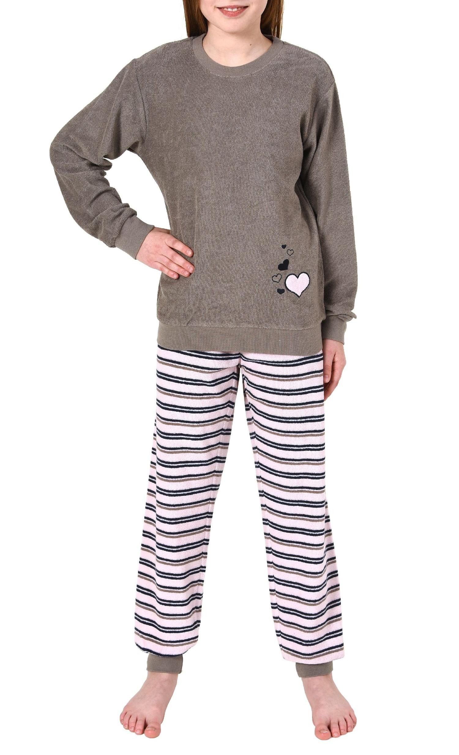 Pyjama Mädchen Frottee Pyjama lang mit Bündchen Schlafanzug mit Herz Motiv