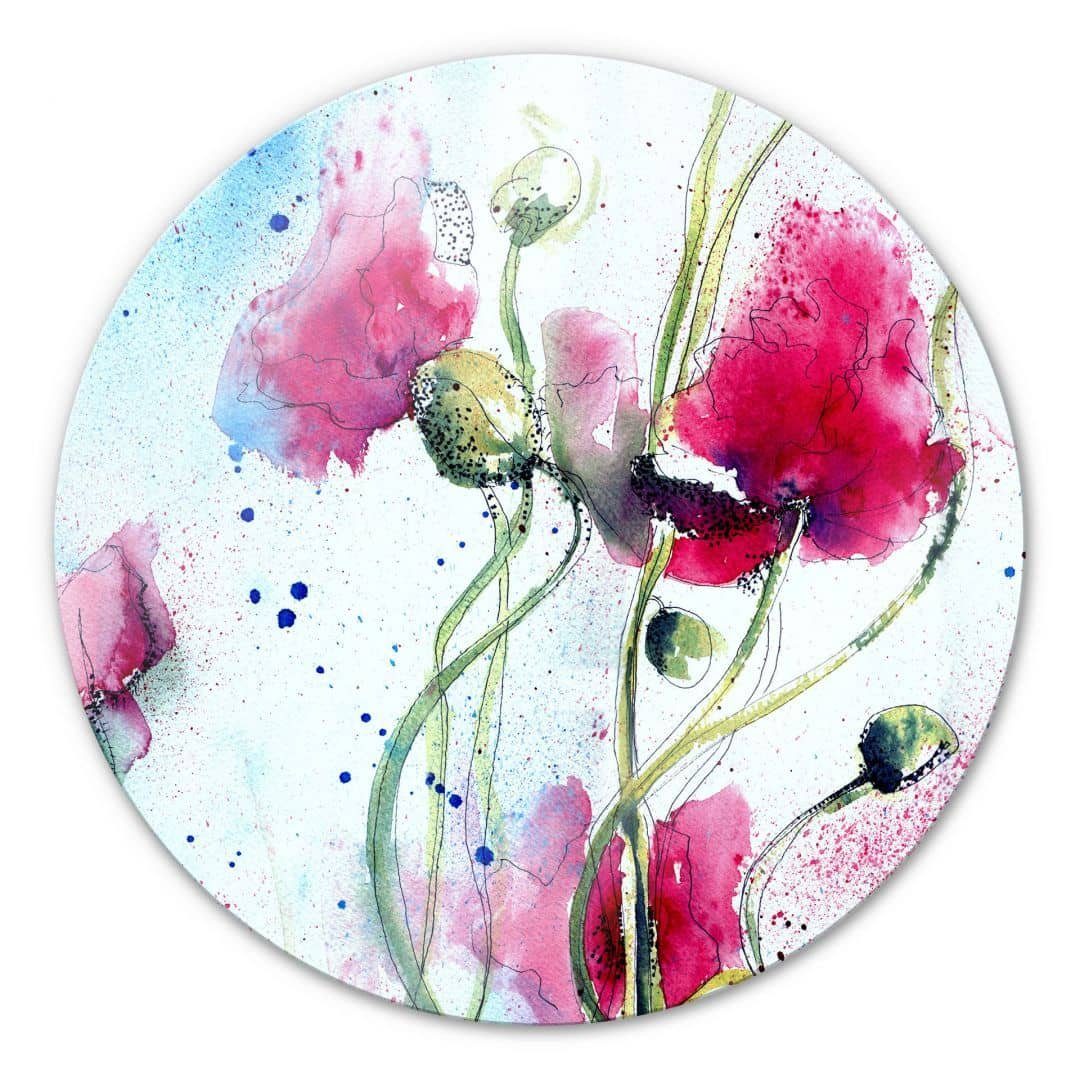 Blumen Gemälde Mohnblume Deko Art K&L Aquarell, Bilder Poppy Wall Rund Wandschutz Glasbild Glas Wandbild