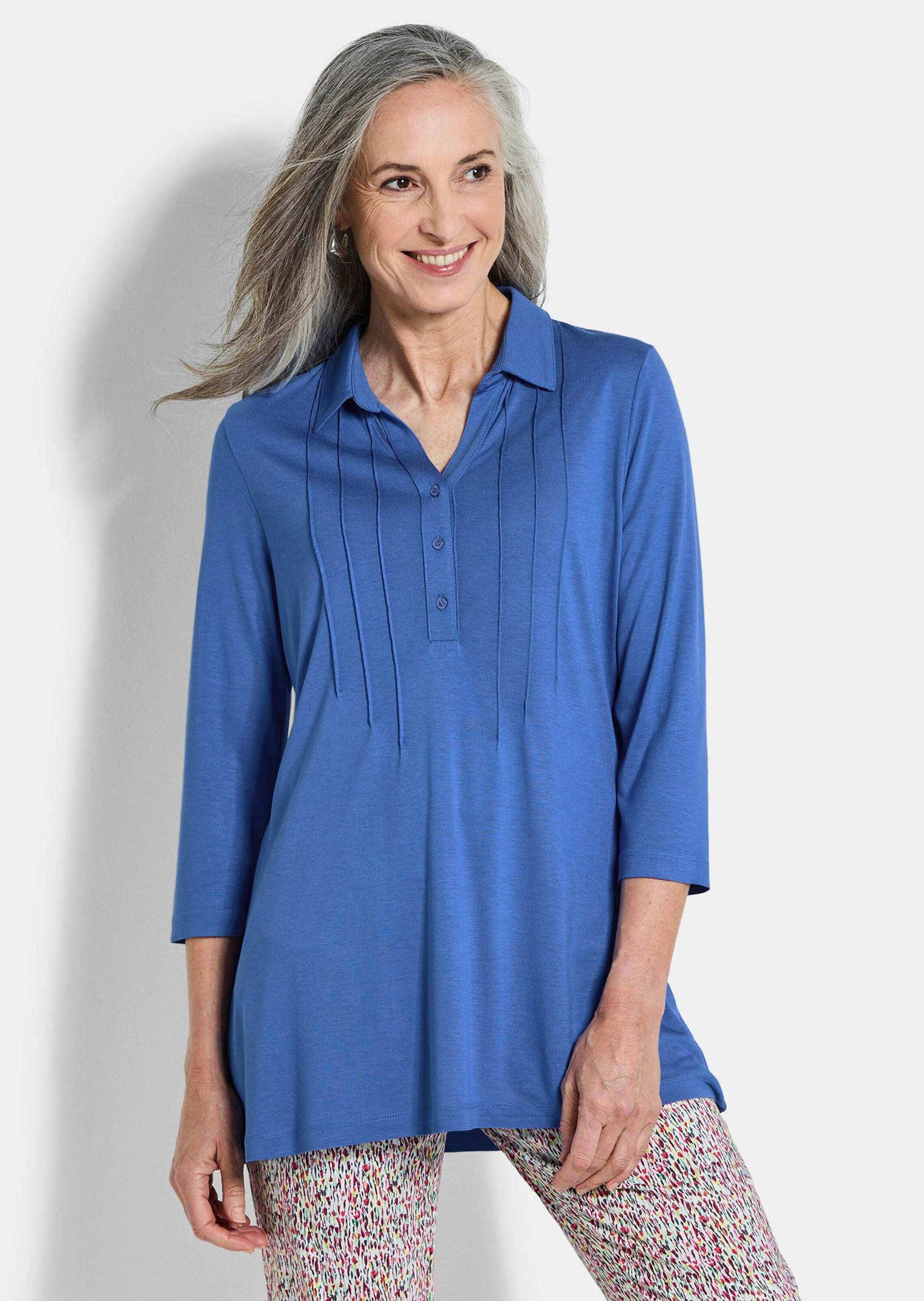 GOLDNER Tunika Elegantes Blusenshirt mit Biesen Jerseybluse mit offenem Hemdkragen, Knopfleiste und 3/4-Ärmeln