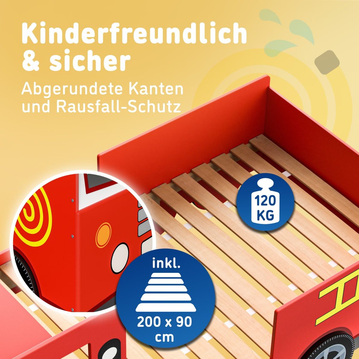 Casaria children's bed, 90x200cm, fall protection, slatted base, 120kg load capacity, children's bed, car bed