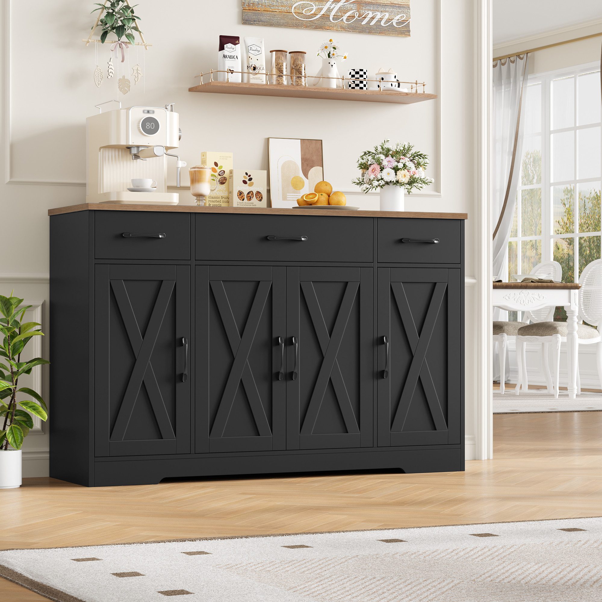 HOMECHO Sideboard, 140cm Breite Küchenschrank 3 Schubladen 4 Türen, Verstellbaren Regalen