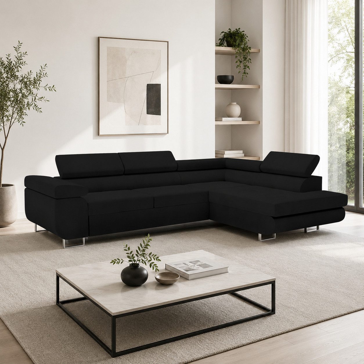Goldstoff Ecksofa mit Schlaffunktion & Bettkasten - hochwertiges Sofa, Couch mit Schlaffunktion für Wohnzimmer - Schlafsofa - Eckcouch, Eckcouch mit praktischem Bettkasten in schwarz