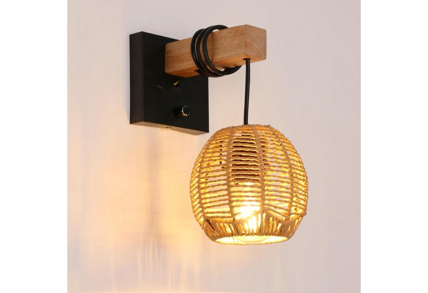 Riserva Wandleuchte Wandleuchte Innen E27 Holz Rattan-Optik Schwarz mit Schalter