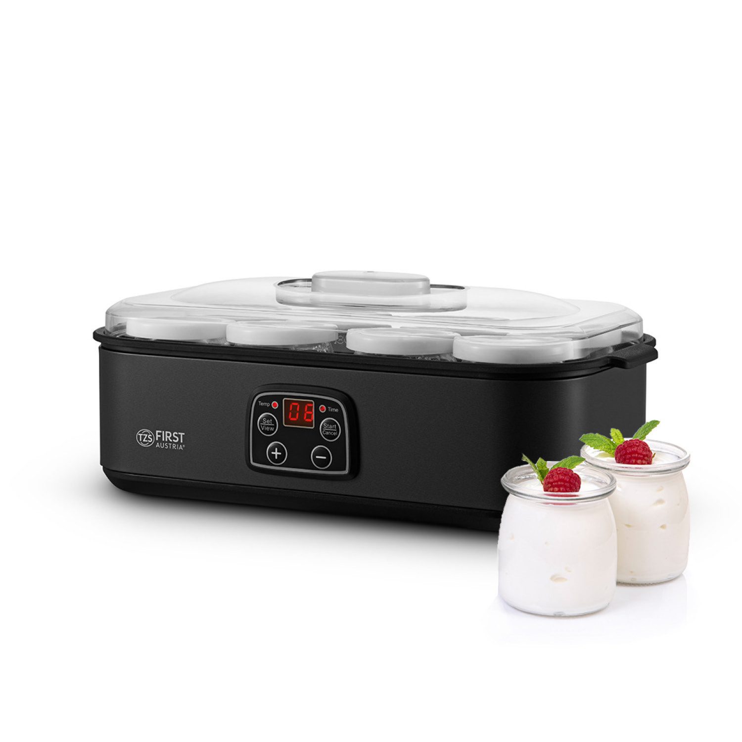 TZS FIRST AUSTRIA Joghurtbereiter mit 8 Glasbehältern à 180 ml, LED-Display, 20–55 °C, 48h-Timer, Temperatur bis 55 °C, Abschaltautomatik, LED-Display