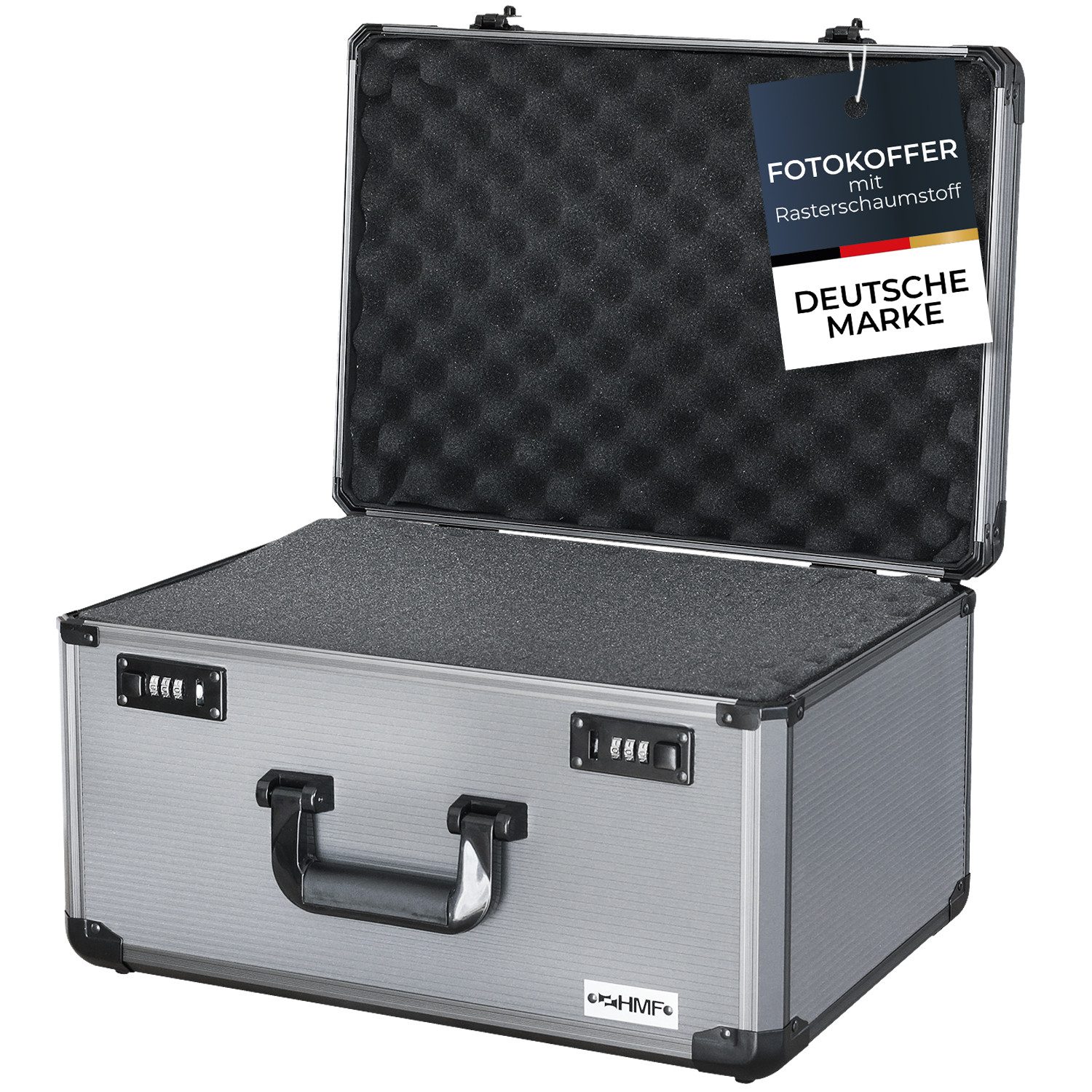 HMF Kameratasche Alu Fotokoffer, Miniaturenkoffer, Kamerakoffer mit Rasterschaumstoff, Transportkoffer mit zwei 3er Zahlenkombinationsschlössern, 46x33x26 cm