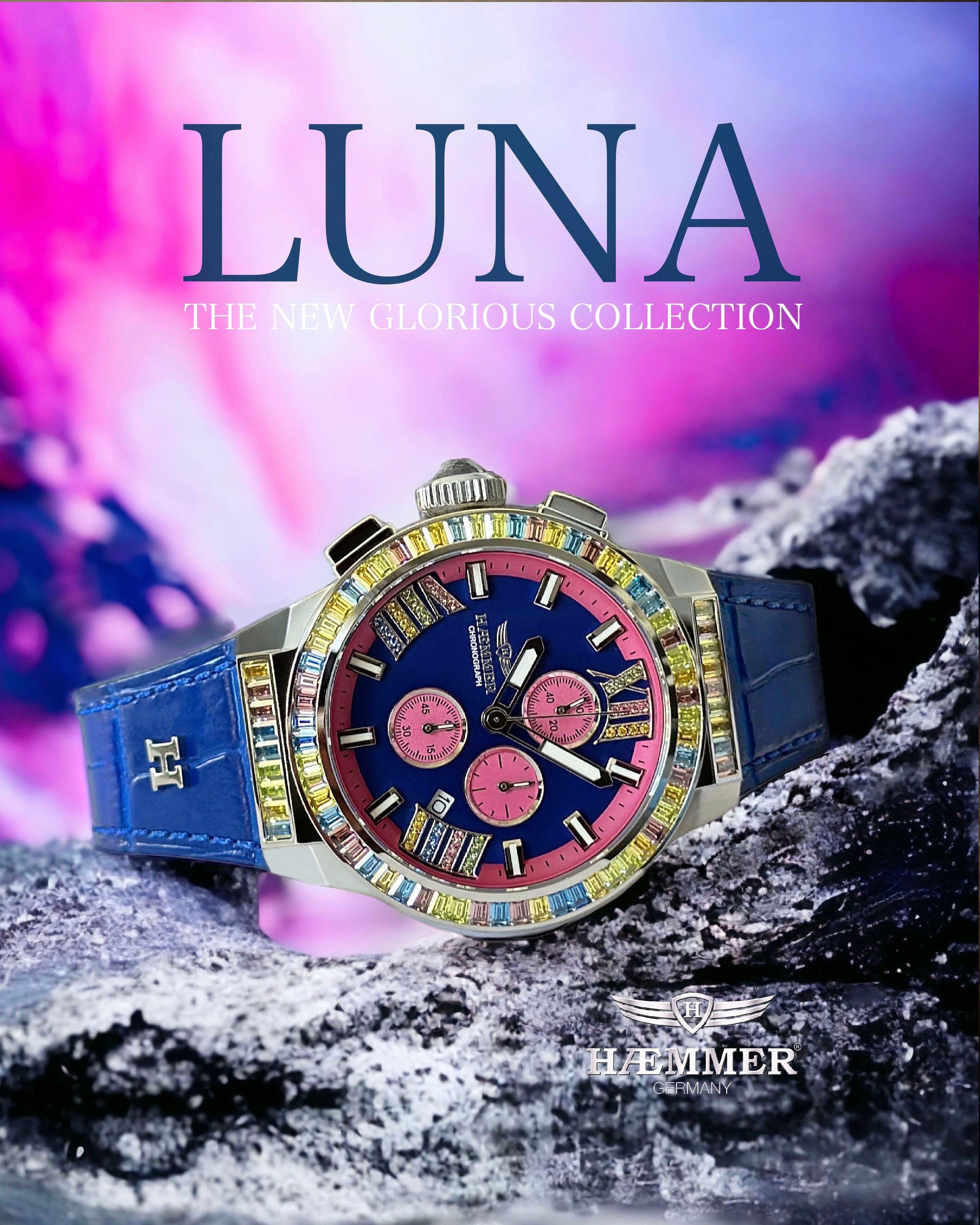 HAEMMER GERMANY Chronograph GLORIOUS LUNA, GR-001, Quarzuhr, Damenuhr, Datum, Stoppfunktion, Saphirglas, Lederarmband