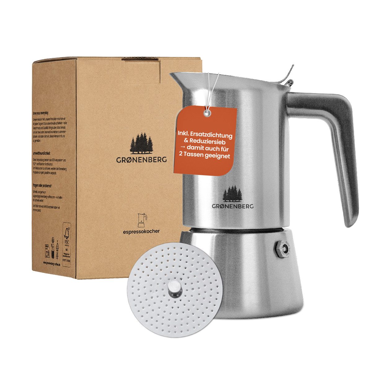 GRØNENBERG Espressokocher Edelstahl, Induktion geeignet, 4 o. 6 Tassen, 0.2l Kaffeekanne, Inkl. Ersatzdichtung & Reduziersieb, Espressokanne Aluminiumfrei & unbeschichtet