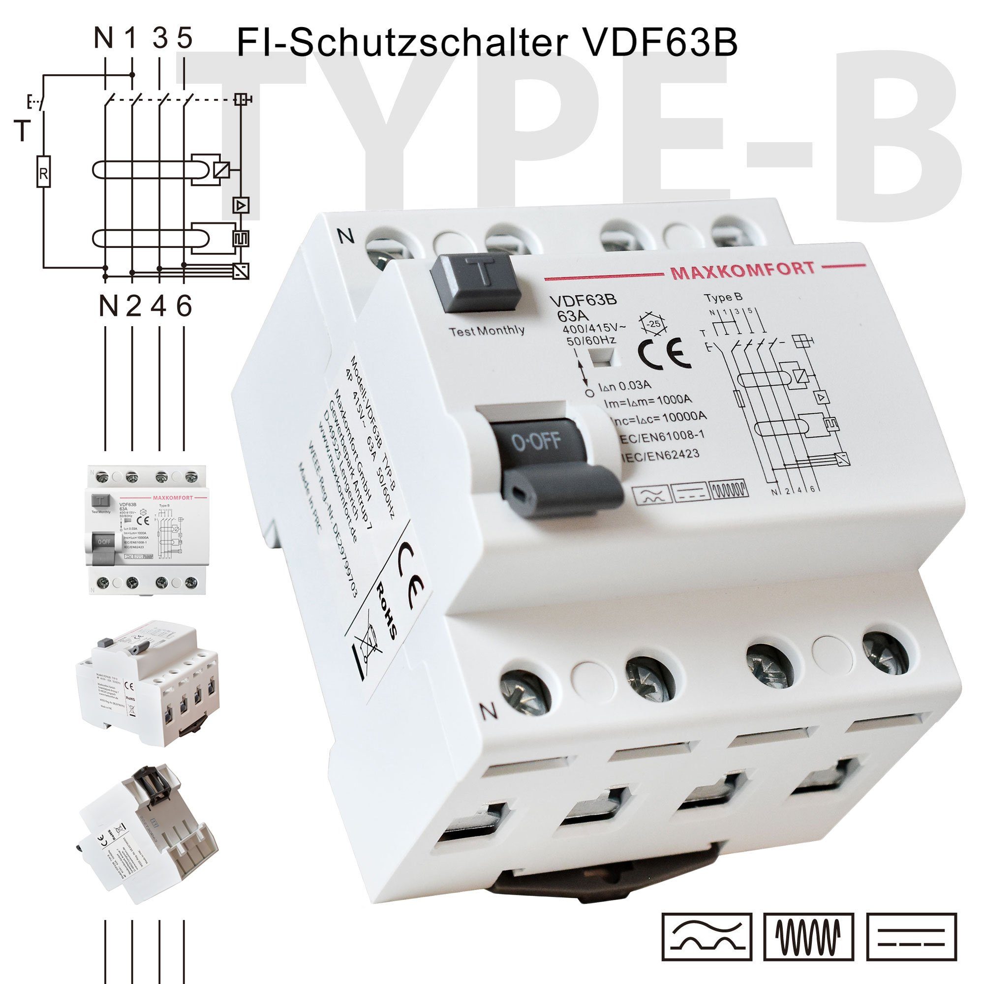 Maxkomfort Schalter FI-Schutzschalter Typ B 63A 30mA 4Polig (1-St), Allstromsensitiv, Typ B, 30mA