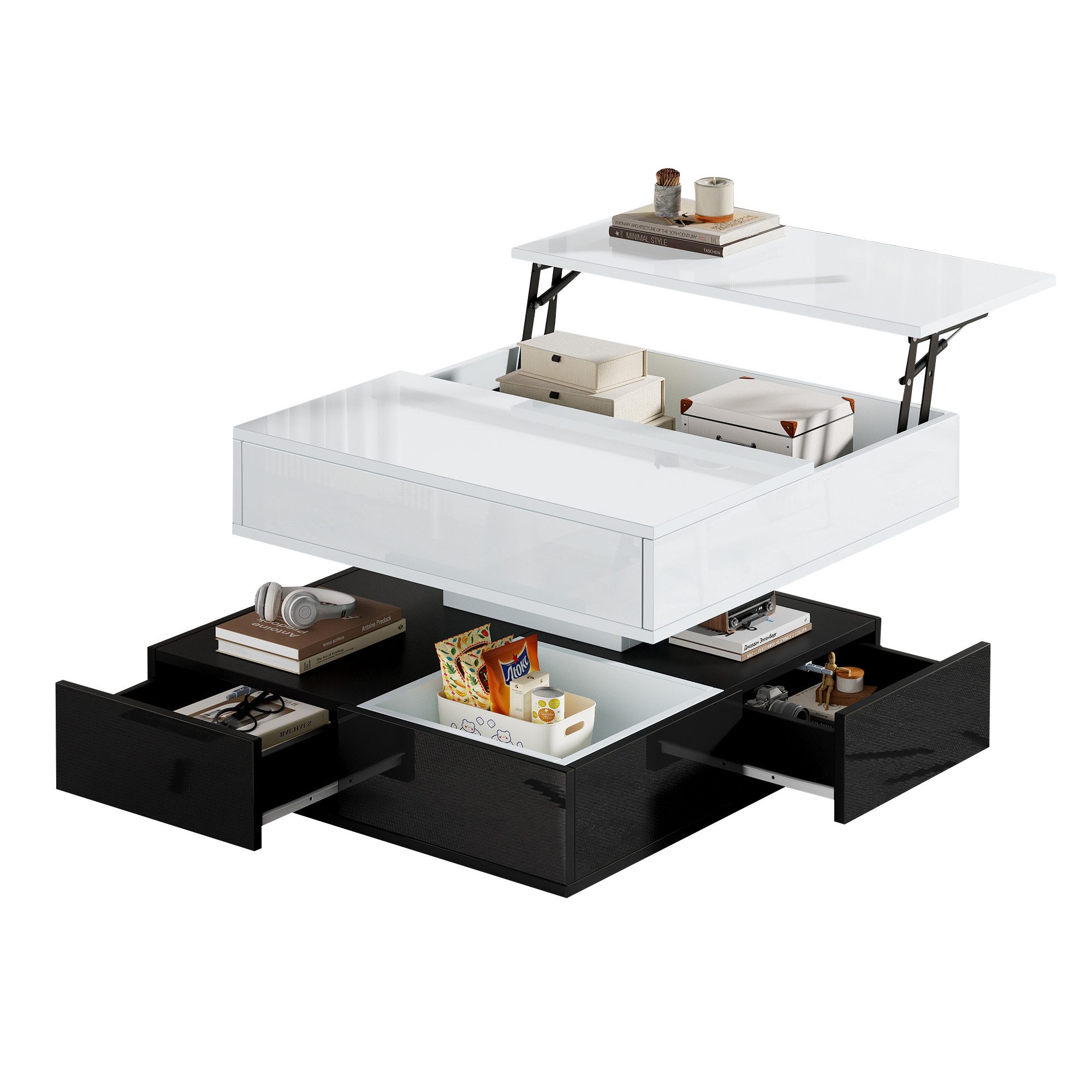 Merax Couchtisch hochglanz Sofatisch mit 360° drehbarer & anhebbarer Tischplatte (Beistelltisch, 90x90x55 cm, 1-St), Wohnzimmertisch mit 3 Schubladen, offenem Stauraum & verstecktem Fach