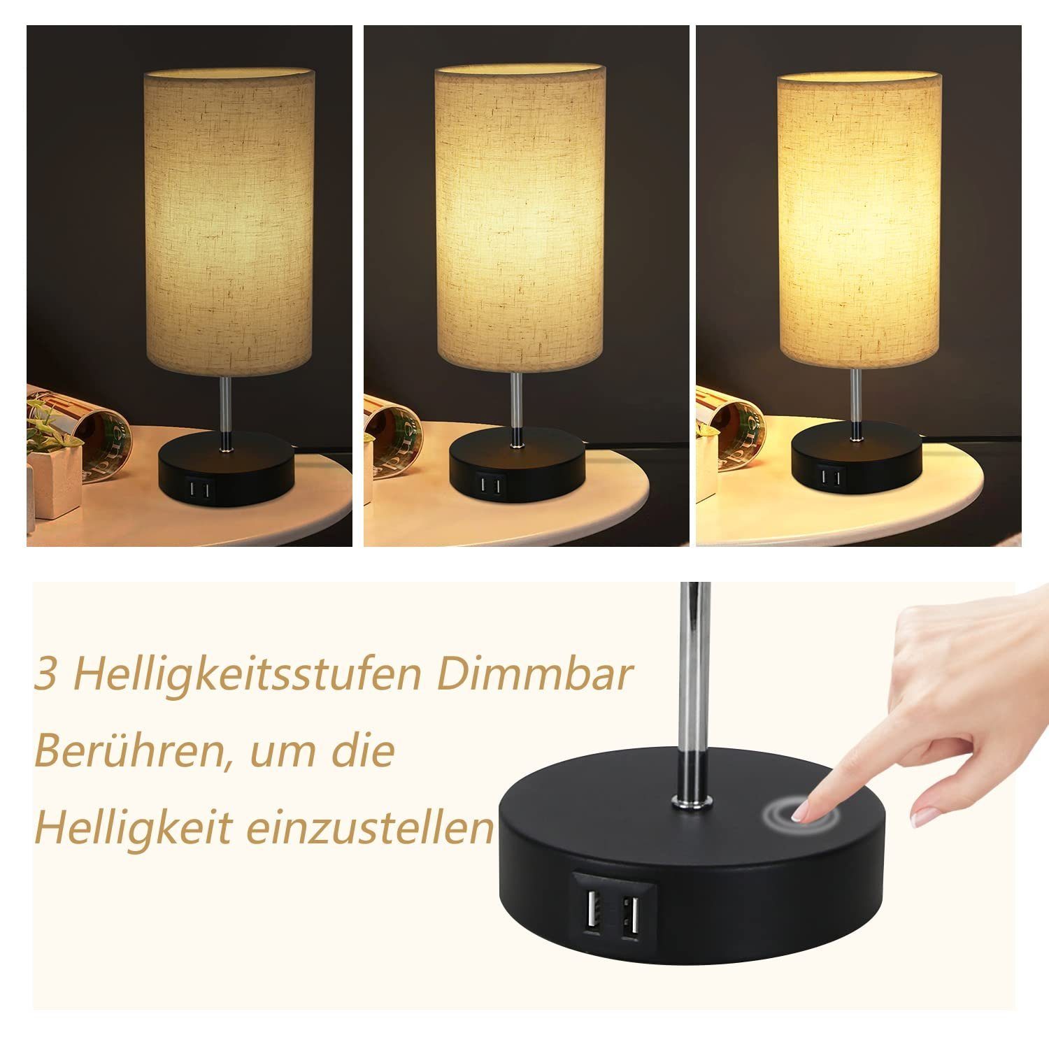 Schwarz und Set, Tischleuchte Mit Lampenschirm, Brine, 1er 3000K, Stoff LED USB-Ladefunktion Touch-Dimmbar ZMH mit