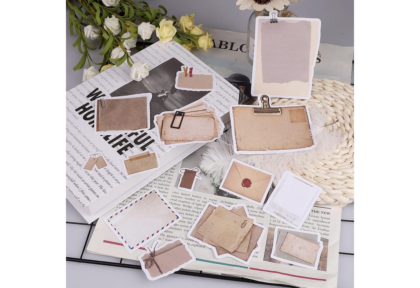 Thumbnail - LuxusKollektion Packpapier 90 Stück Vintage Scrapbooking Sticker Washi Aufkleber Retro