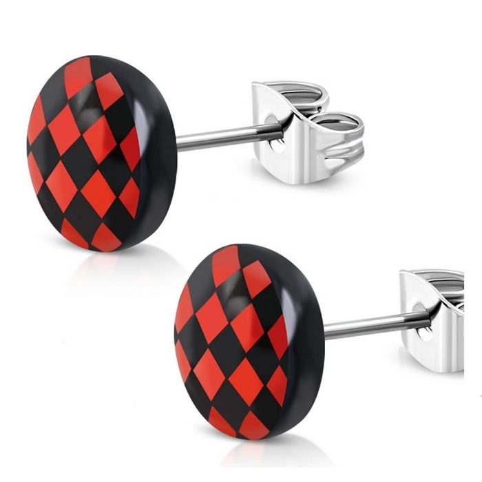BUNGSA Ohrring-Set Ohrstecker rund Schachbrett rot Silber aus Edelstahl Unisex (1 Paar (2 Stück) 2-tlg) Ohrschmuck Ohrringe