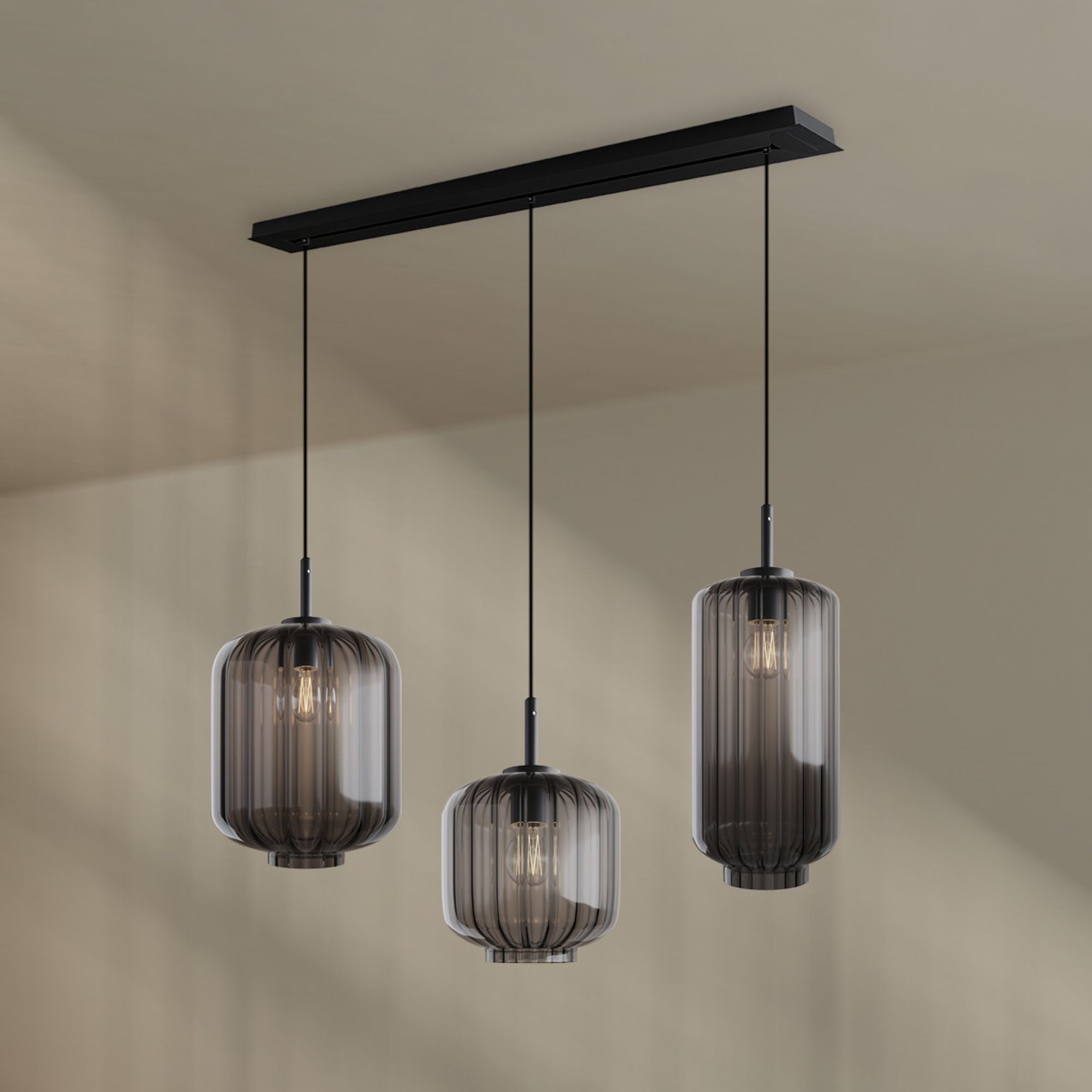 Pendelleuchte Velo Esstisch-Hängelampe 3-flg 120cm Ø 18/20/25cm Rauch
