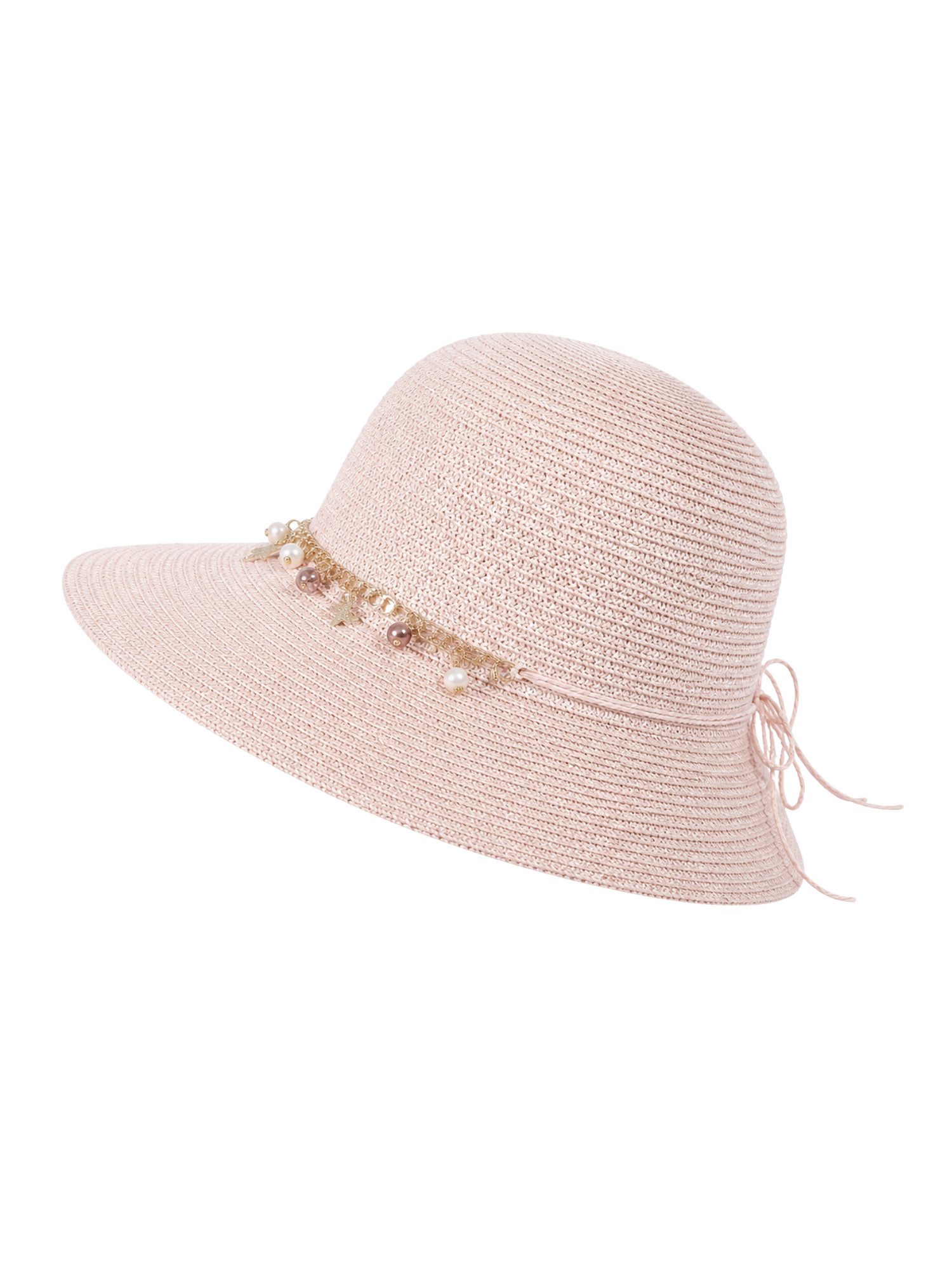 Brise Textil Sonnenhut Damen Sonnenhut mit Schmuckband und Zierperlen, Sommerhut aus Papier Dekoratives Schmuckband, Perlen und Sternanhänger, Breite Sonnenkrempe