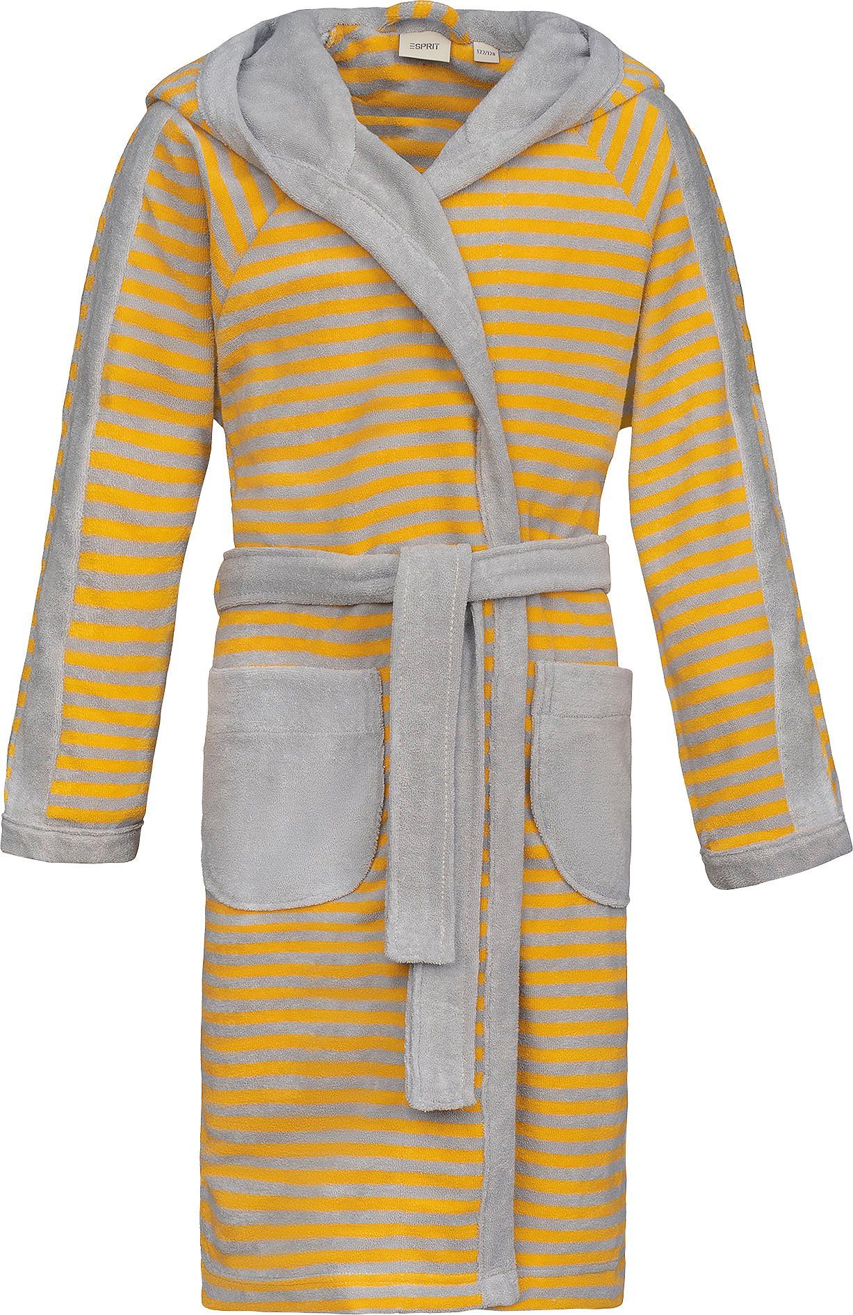 Esprit Kinderbademantel Little Stripped Rundstrickware, Gürtel, mit Zipfelmütze Hoody, Kurzform, stone Kapuze