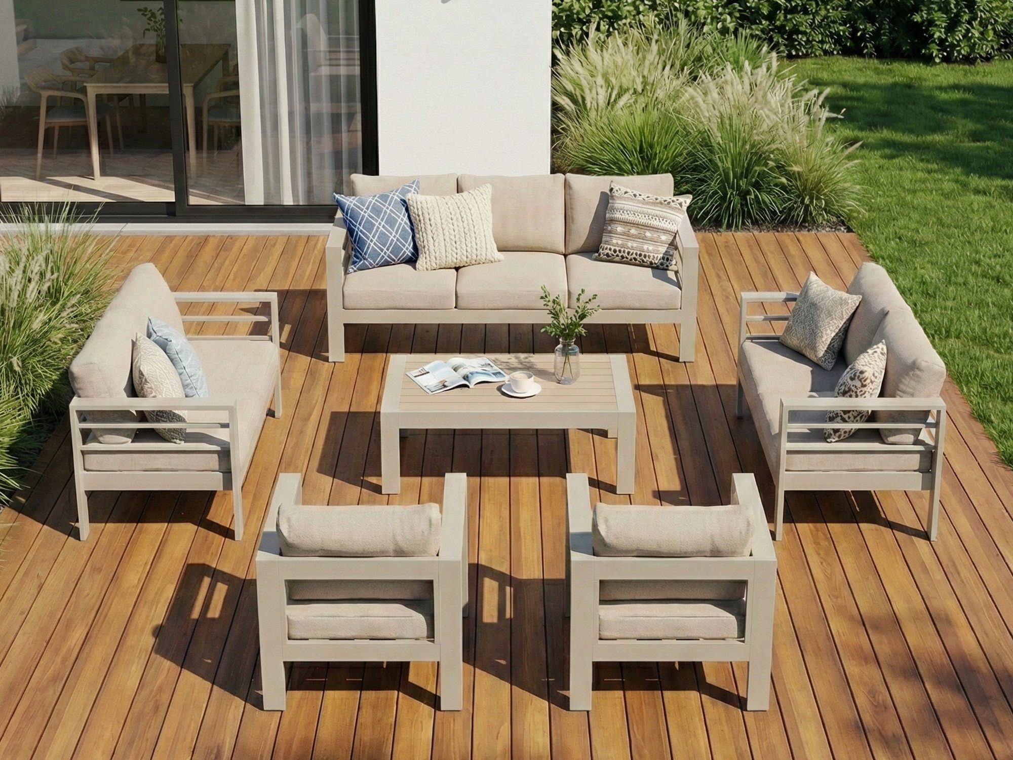 MeXo Gartenlounge-Set Gartenmöbel Set Aluminium Wetterfest, (1 x 3-Sitzer Sofa, 2 x 2-Sitzer Sofa, 4 x Sessel, 1 x Gartentisch, 18 x Kissen, 6-tlg., Luxus Relax), Gartensofa Set für 8-10 Personen, Individuell Kombinierbar