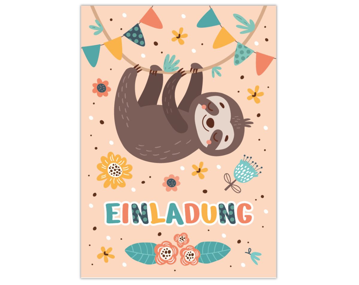 JUNAPACK Einladungskarten Faultier Einladungen zum Kindergeburtstag Karten für Kinder Tiere, Einladungskarten mit einem Faultier Motiv für Kinder