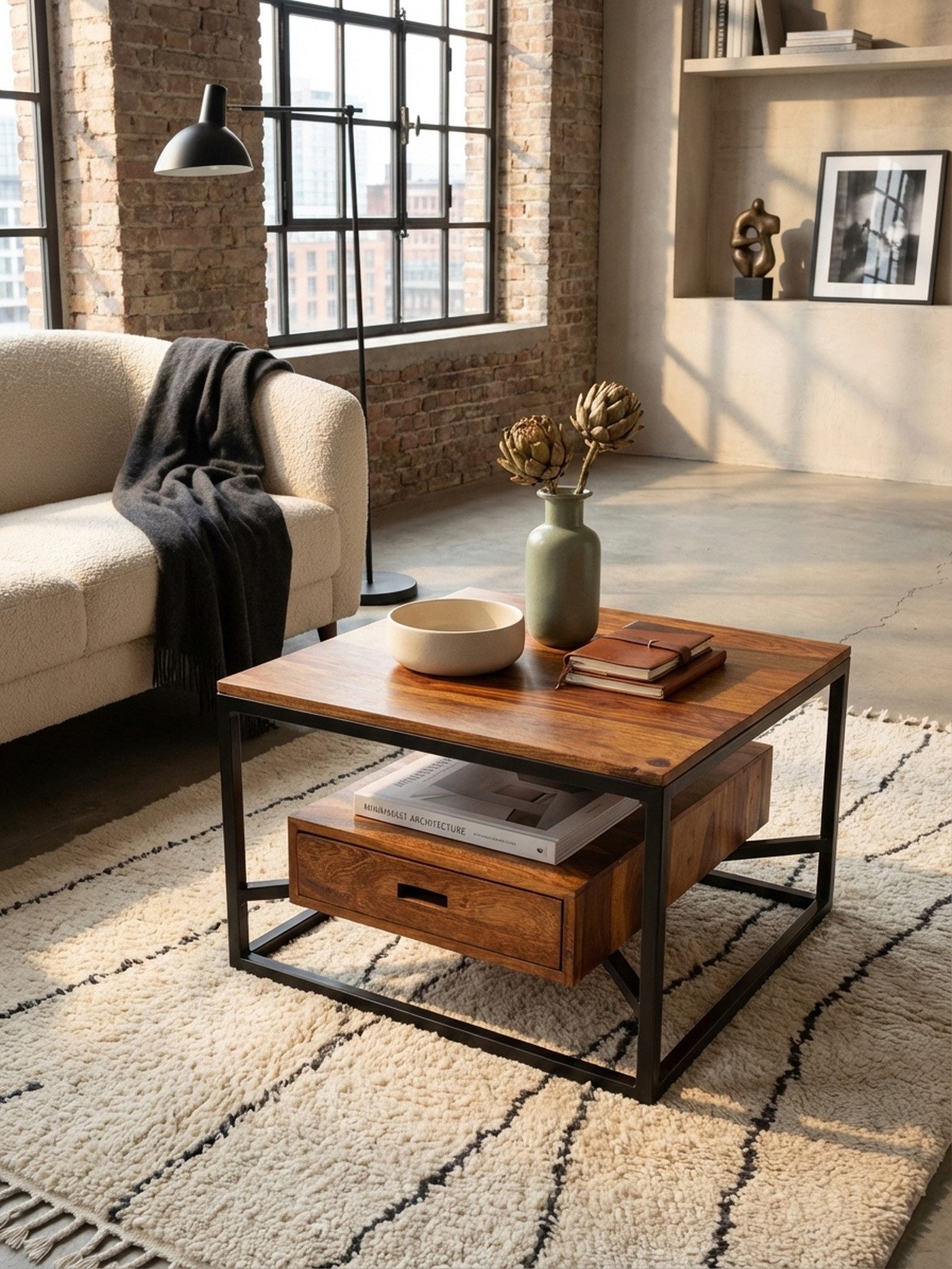 KADIMA DESIGN Couchtisch Couchtisch 60x60x40 cm Massivholz / Metall Sofatisch Wohnzimmertisch (Kleiner Tisch Beistelltisch Wohnzimmer Modern), Quadratisch, Design Wohnzimmertisch Kaffeetisch Massiv mit Schublade