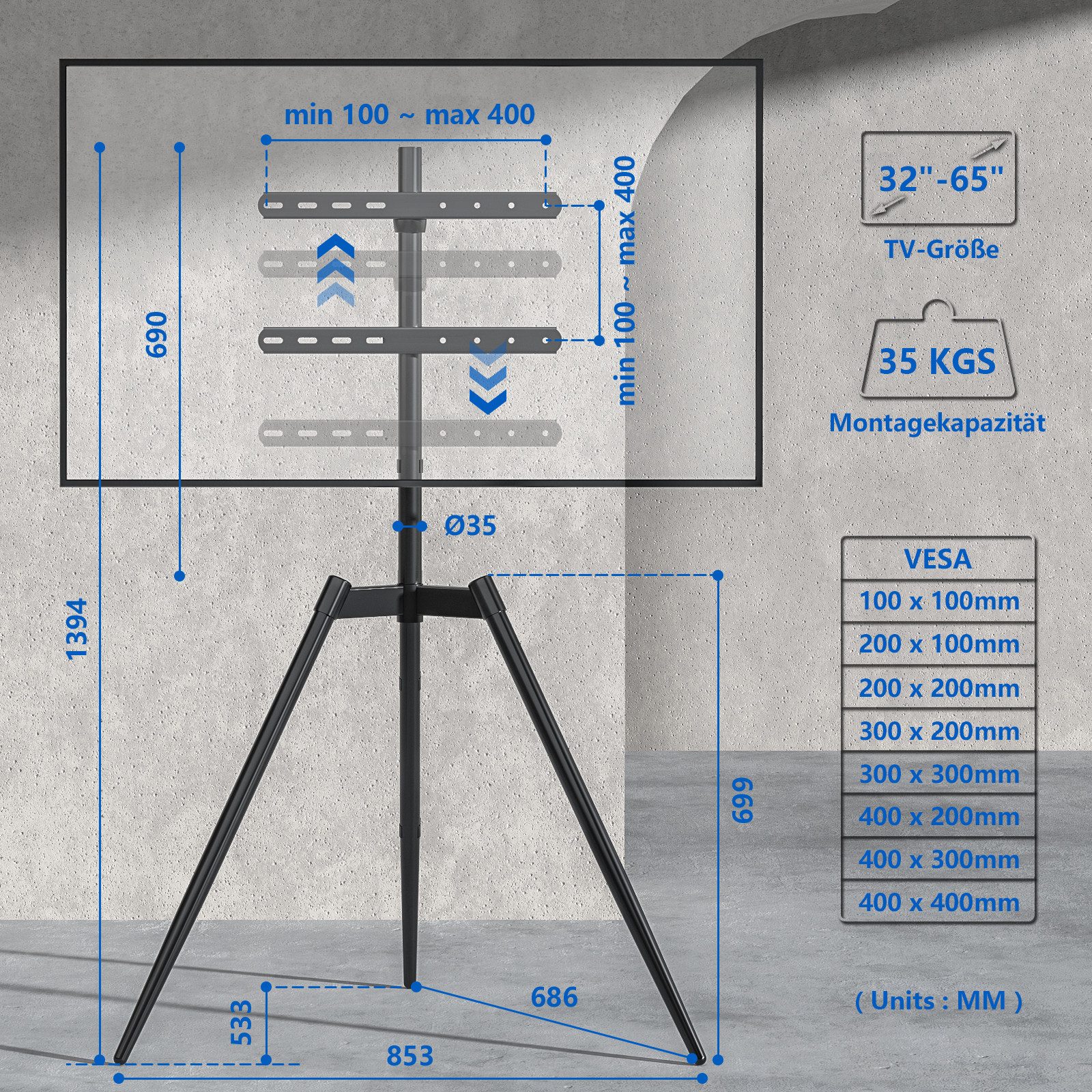 Rfiver TV-Ständer für 32-65 Zoll Fernseher (max. 35 kg), VESA 100x100 bis 400x400 mm, (bis 65 Zoll, 1-tlg., Dreibeinstativ mit 100° Schwenkwinkel & Höhenverstellung)