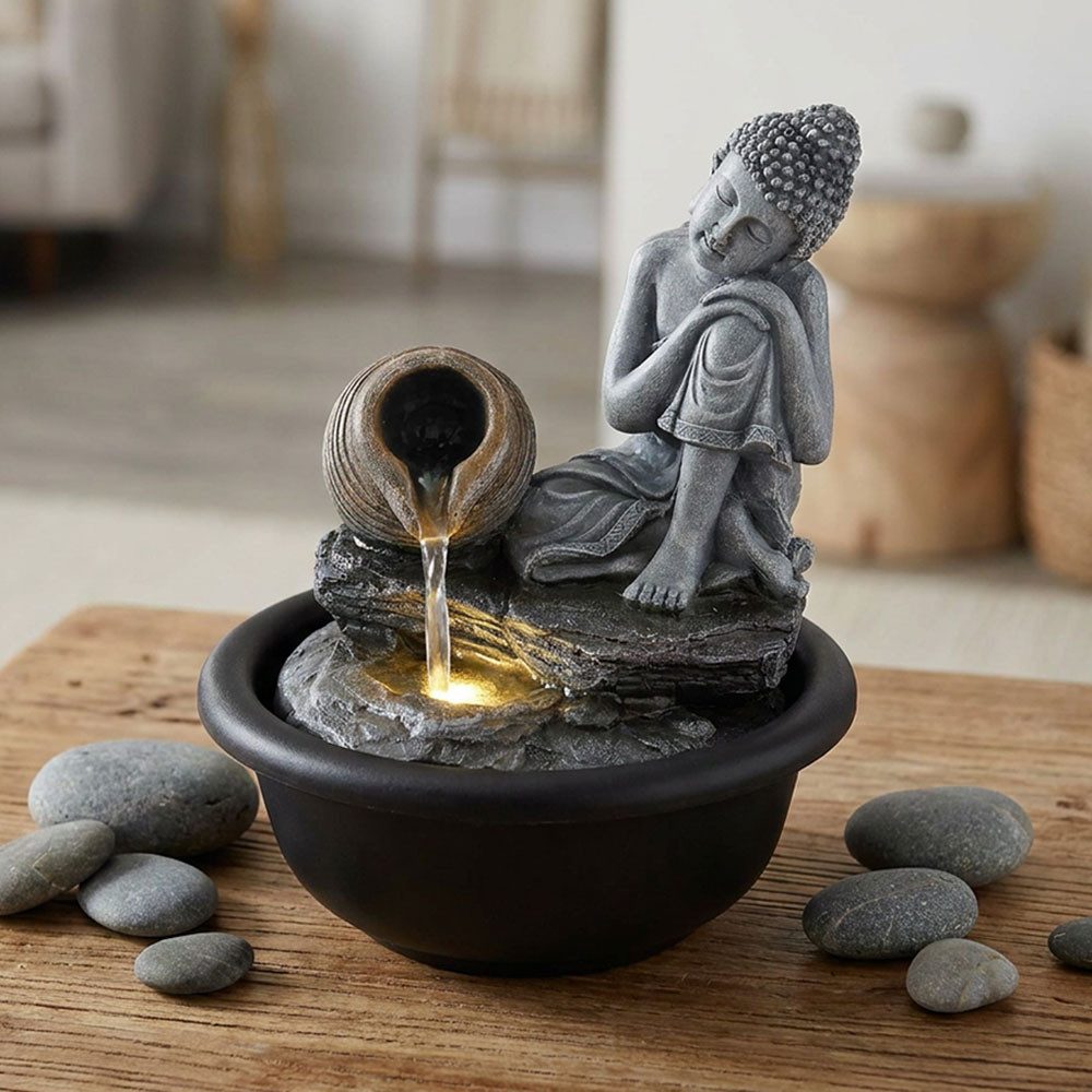 GLOBO LIGHTING Zimmerbrunnen, Zimmerbrunnen Buddha Wasserfall Springbrunnen Deko LED-Licht H 19 cm