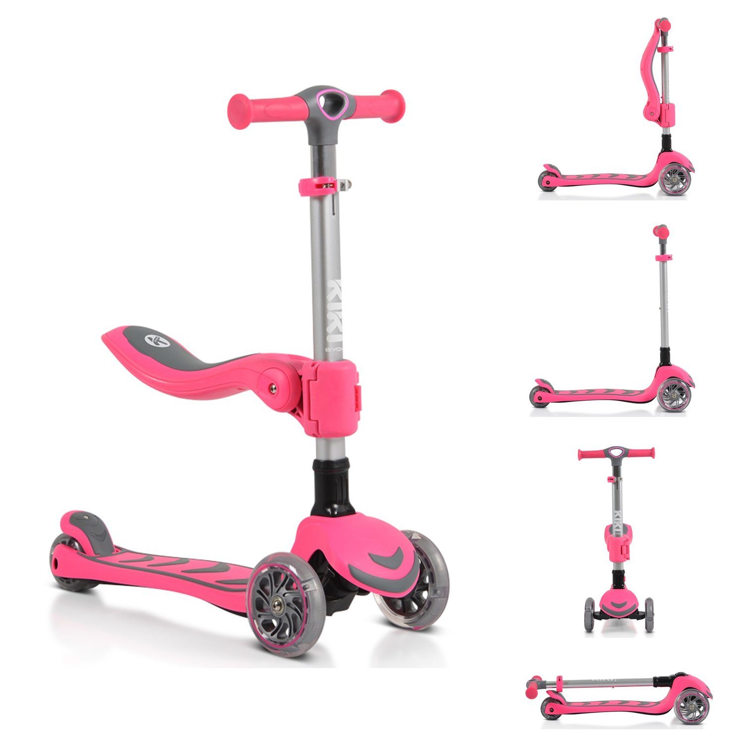 Byox Cityroller Kinderroller Kiki 2 4 klappbar Höhe einstellbar 1, in PU-Räder, blinkende rosa